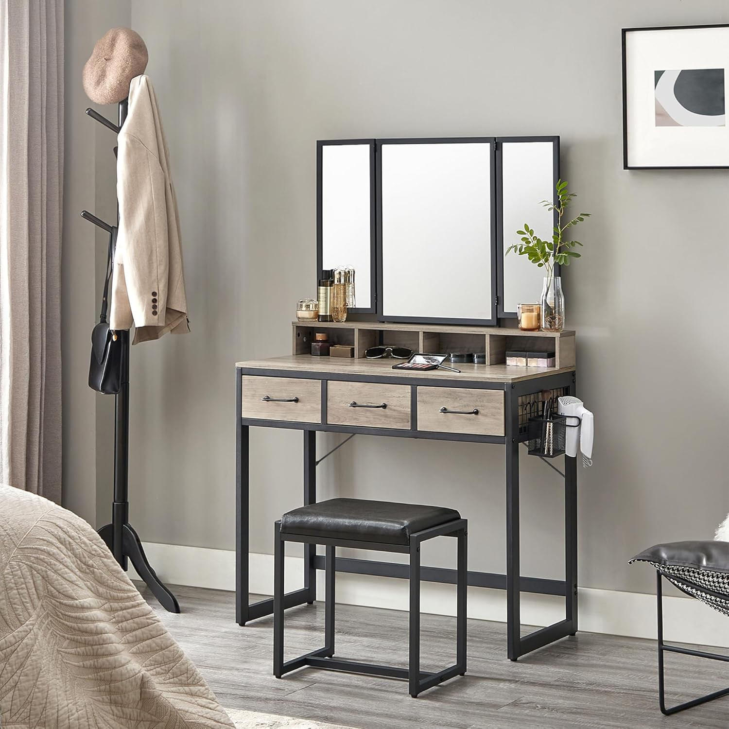 Masuta toaleta 90x40x141 cm, cu 3 sertare, oglinda tripla si taburet, lemn si otel, gri si negru — imaginea 6