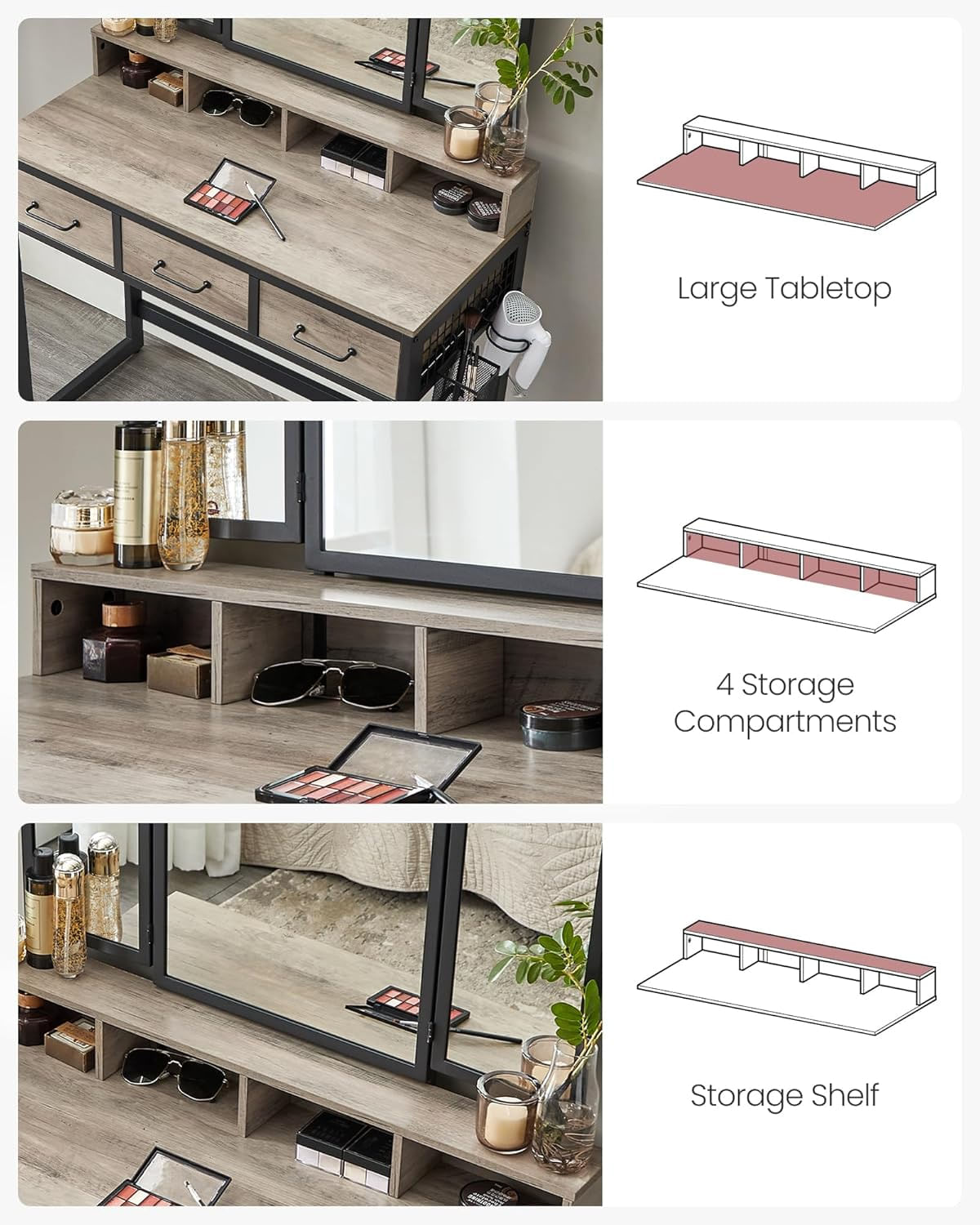 Masuta toaleta 90x40x141 cm, cu 3 sertare, oglinda tripla si taburet, lemn si otel, gri si negru — imaginea 9
