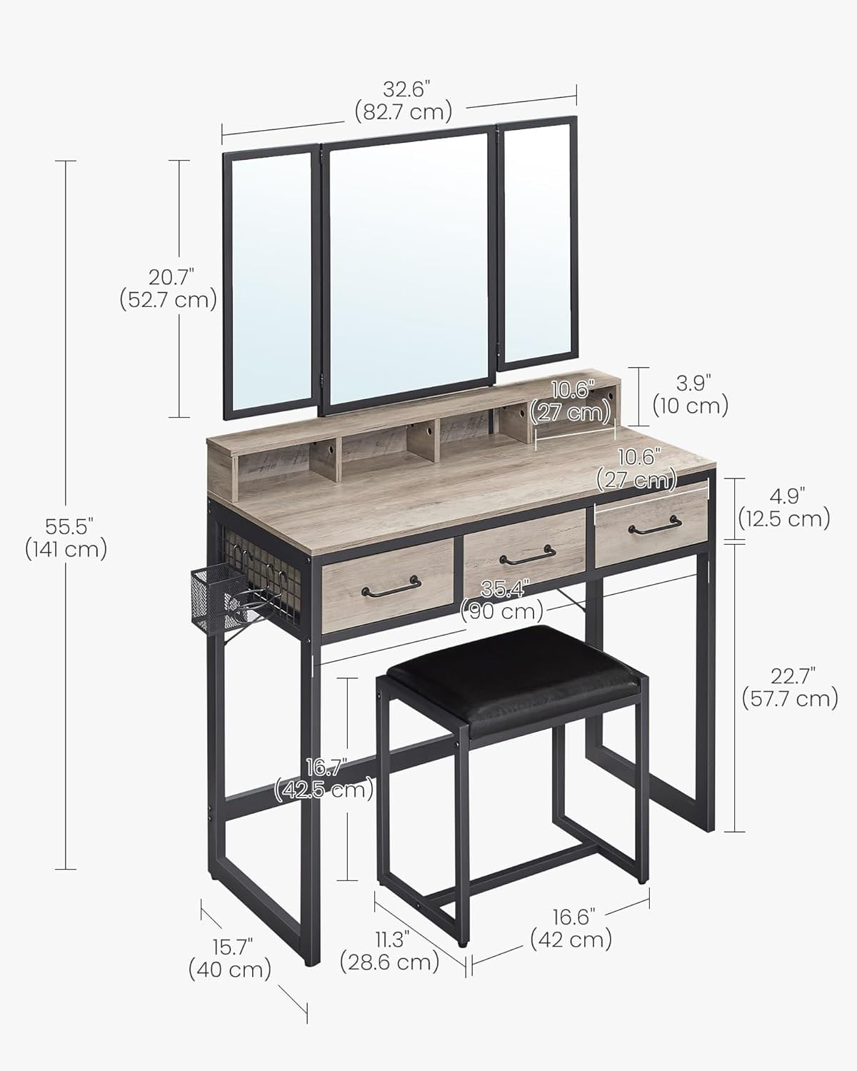 Masuta toaleta 90x40x141 cm, cu 3 sertare, oglinda tripla si taburet, lemn si otel, gri si negru — imaginea 10