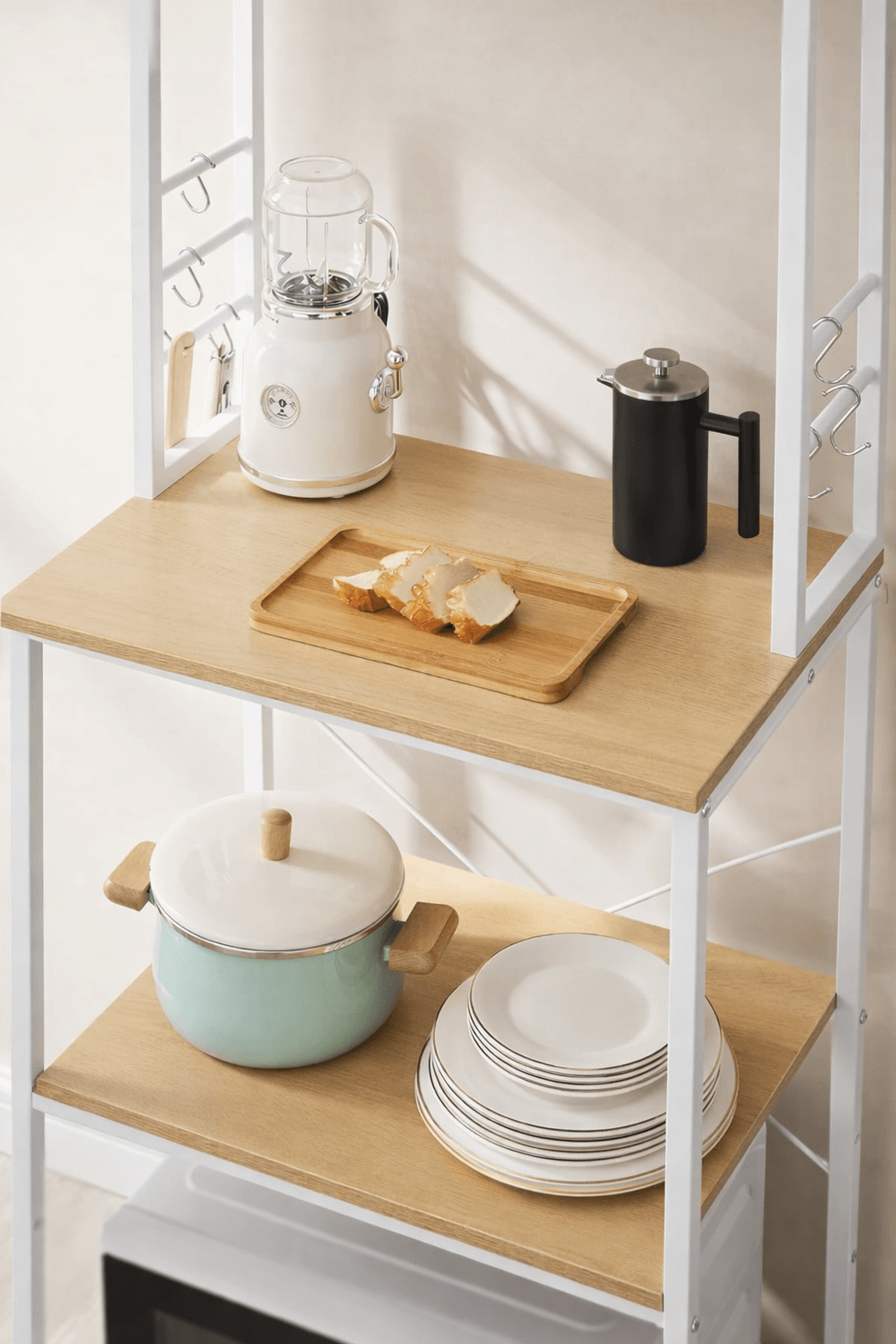Raft de bucatarie, spatiu cuptor cu microunde, 6 rafturi, 40x60x167cm, stejar auriu si alb — imaginea 4