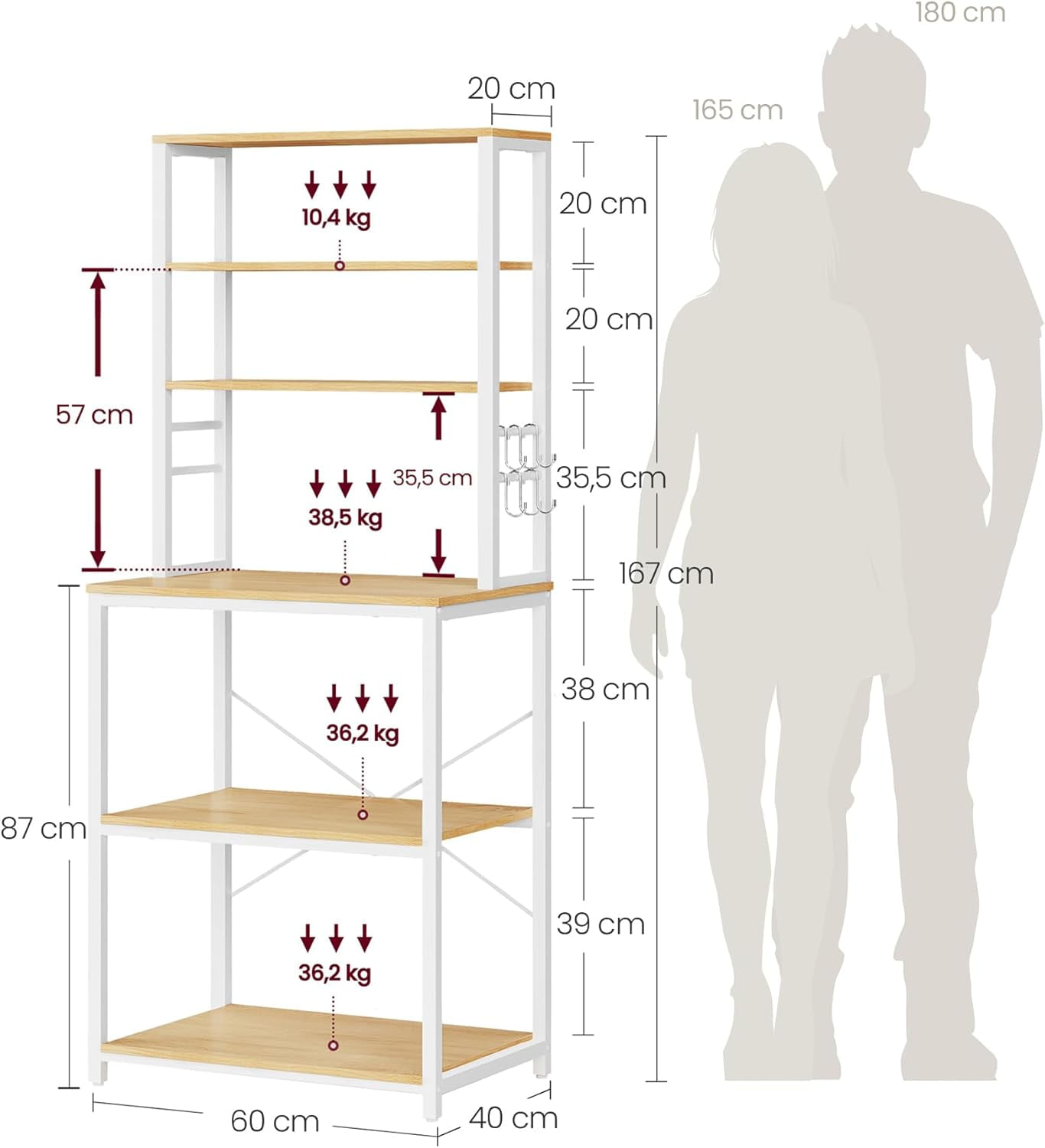 Raft de bucatarie, spatiu cuptor cu microunde, 6 rafturi, 40x60x167cm, stejar auriu si alb — imaginea 5