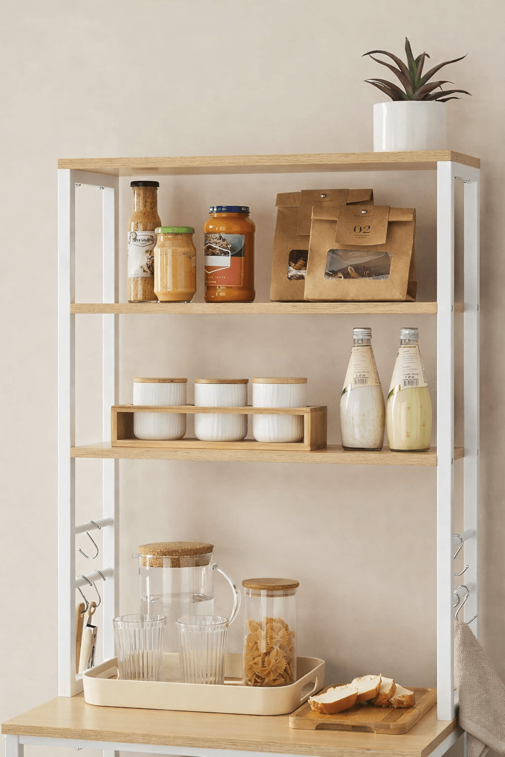 Raft de bucatarie, spatiu cuptor cu microunde, 6 rafturi, 40x60x167cm, stejar auriu si alb — imaginea 6