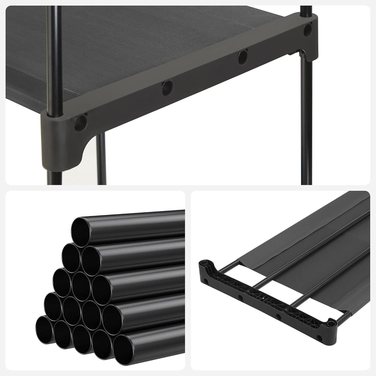 Dulap textil pliabil cu spatiu pentru umerase si rafturi, cadru metalic, 112x43x165 cm, negru — imaginea 3
