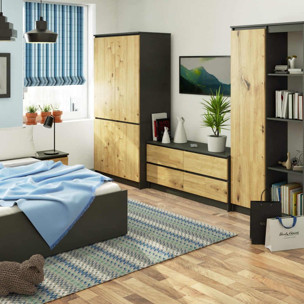 Dulap cu 4 usi, rafturi si bara pentru umerase, PAL laminat, 90x51x180 cm, gri grafit si stejar artisan — imaginea 2