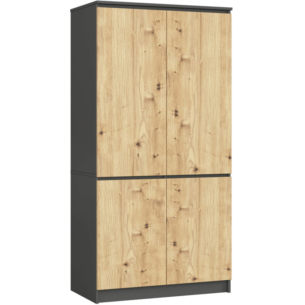 Dulap cu 4 usi, rafturi si bara pentru umerase, PAL laminat, 90x51x180 cm, gri grafit si stejar artisan — imaginea 3