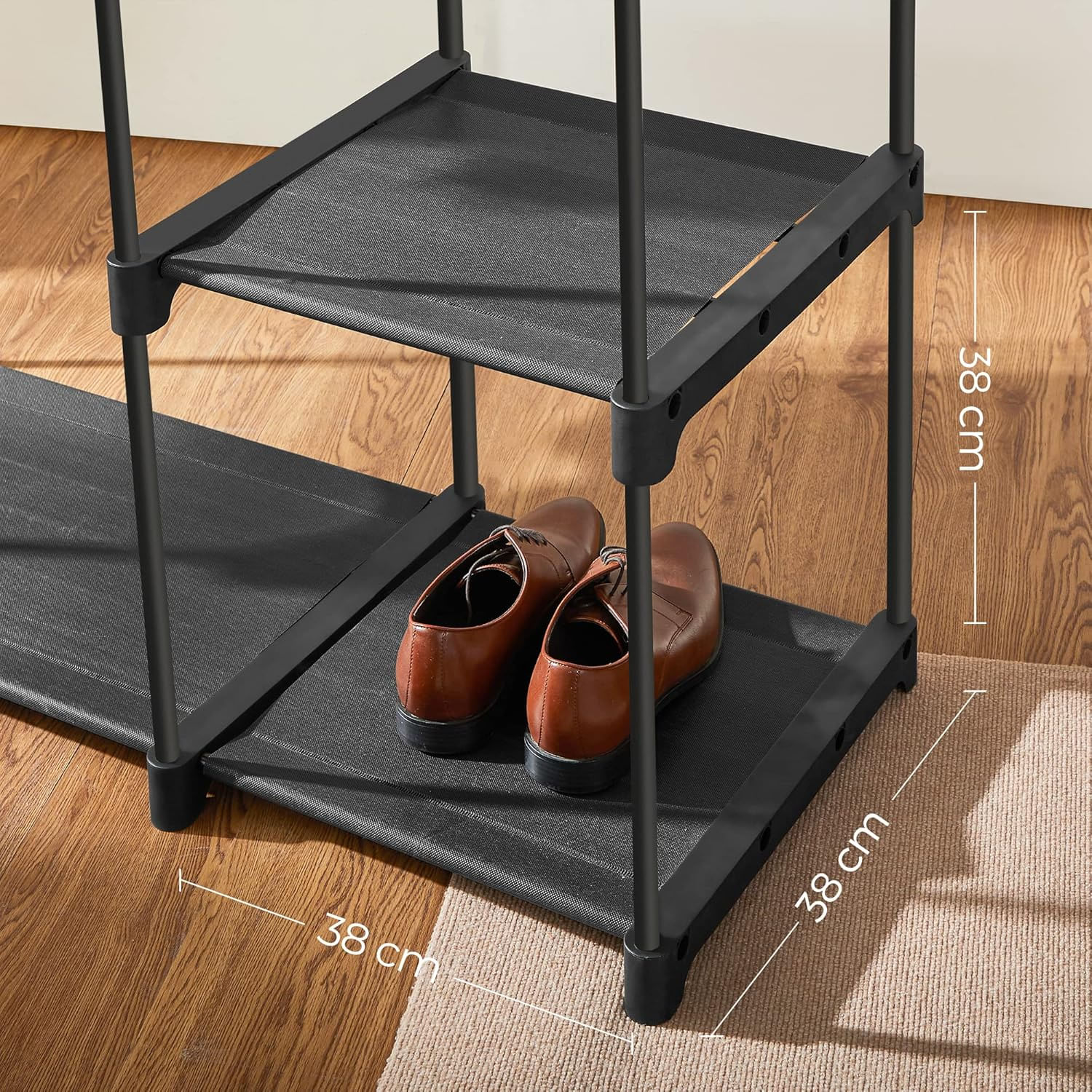 Dulap textil pliabil cu spatiu pentru umerase si rafturi, cadru metalic, 112x43x165 cm, negru — imaginea 9