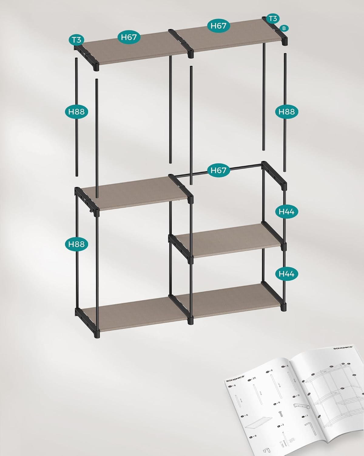 Dulap haine portabil 3 bare agatat si rafturi, 138x43x182 cm, organizare generoasa, maro taupe — imaginea 2