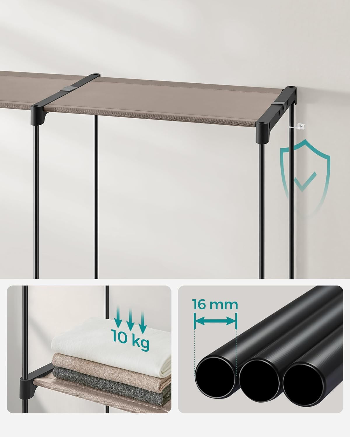 Dulap haine portabil 3 bare agatat si rafturi, 138x43x182 cm, organizare generoasa, maro taupe — imaginea 3