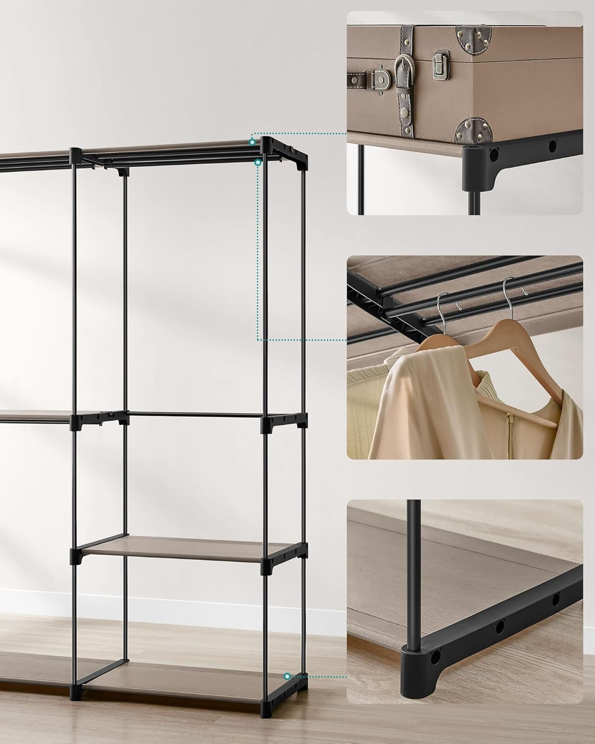 Dulap haine portabil 3 bare agatat si rafturi, 138x43x182 cm, organizare generoasa, maro taupe — imaginea 4