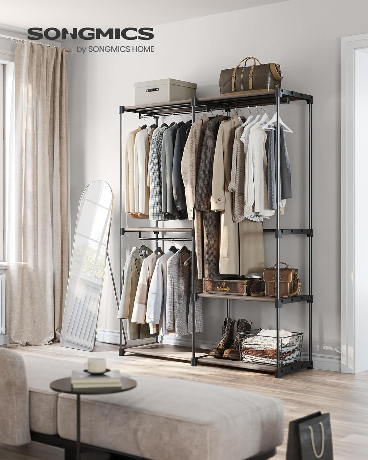 Dulap haine portabil 3 bare agatat si rafturi, 138x43x182 cm, organizare generoasa, maro taupe — imaginea 5