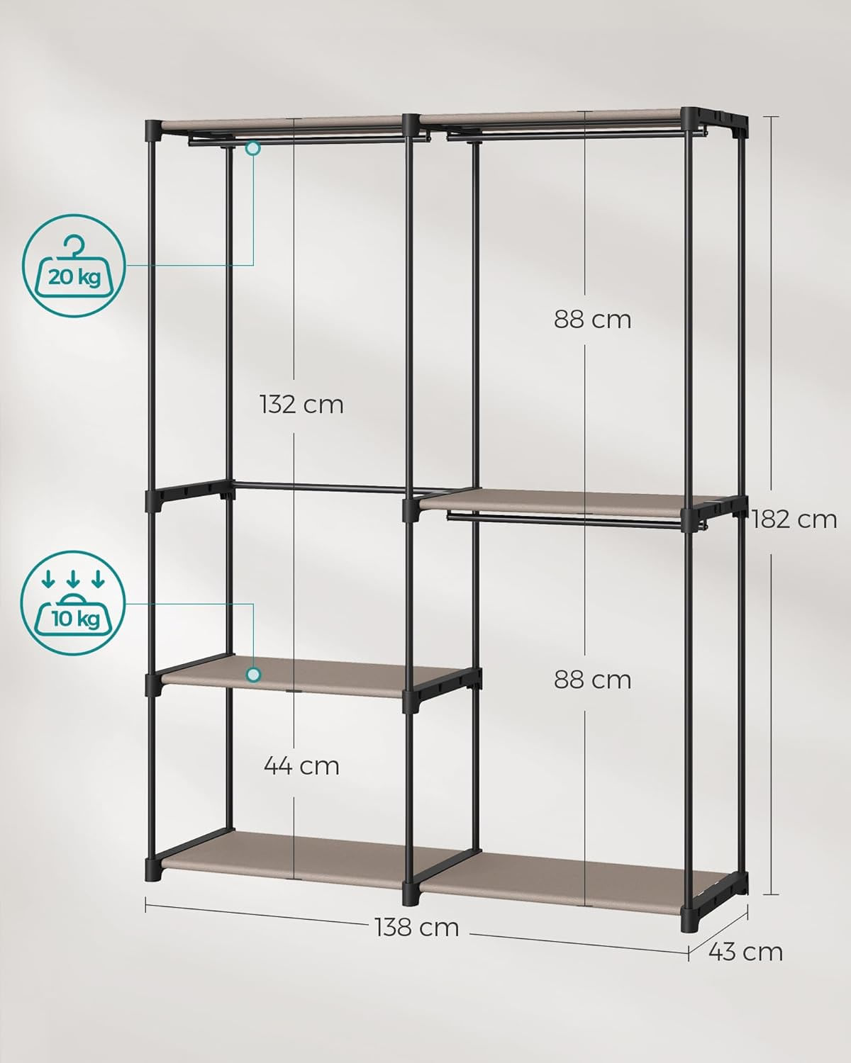 Dulap haine portabil 3 bare agatat si rafturi, 138x43x182 cm, organizare generoasa, maro taupe — imaginea 6