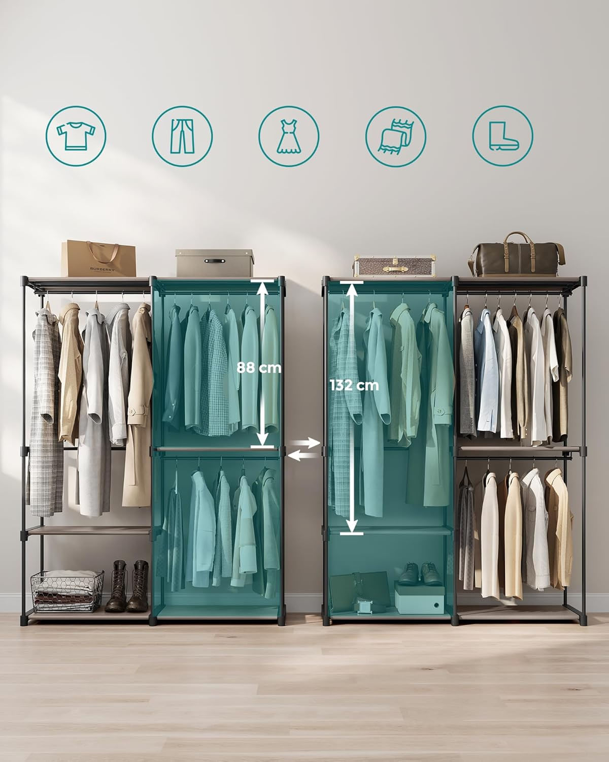 Dulap haine portabil 3 bare agatat si rafturi, 138x43x182 cm, organizare generoasa, maro taupe — imaginea 7