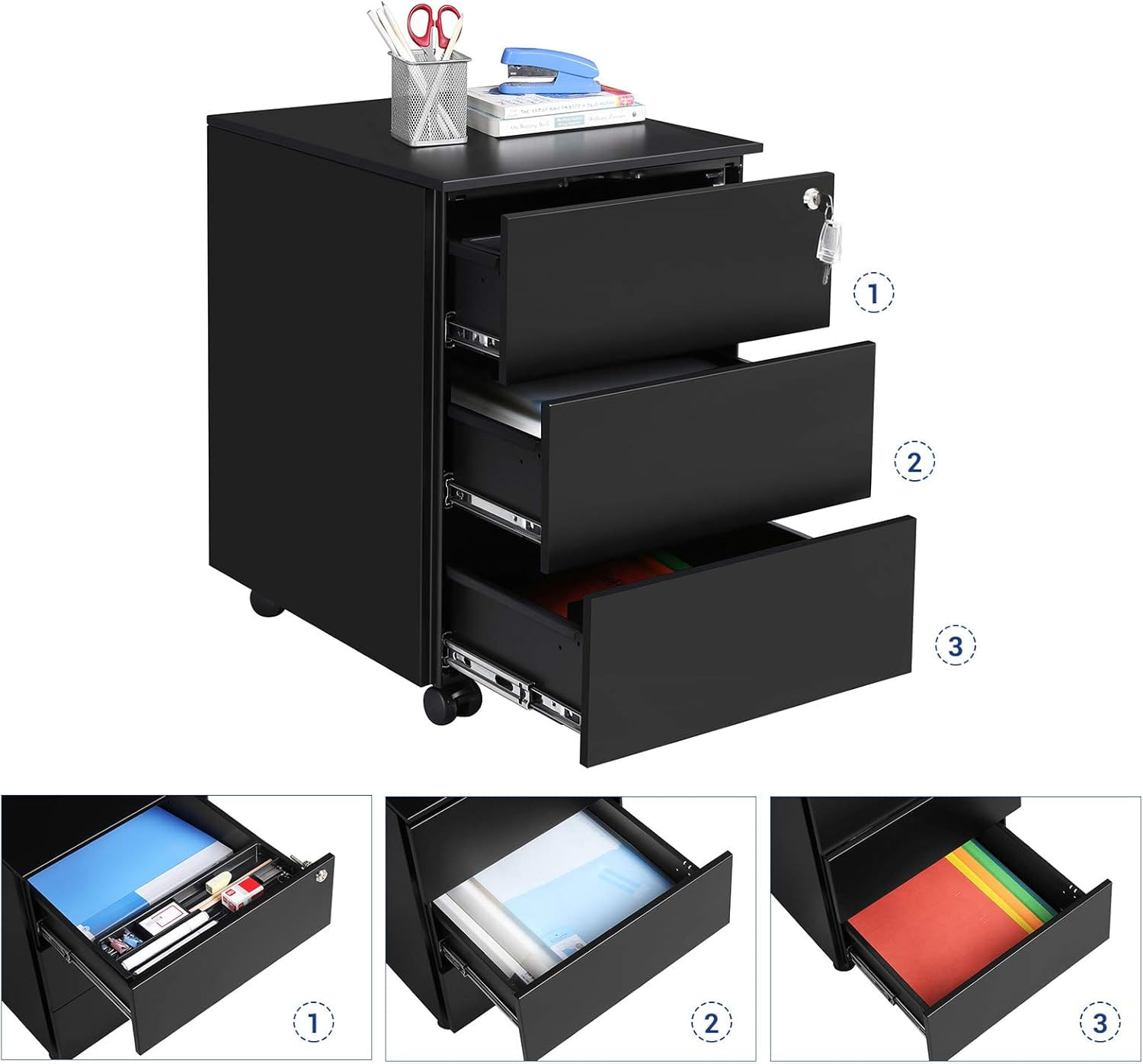 Dulap mobil rollbox pentru birouri, 3 sertare pentru documente, corp pre-asamblat, 45x39x54 cm, negru — imaginea 4