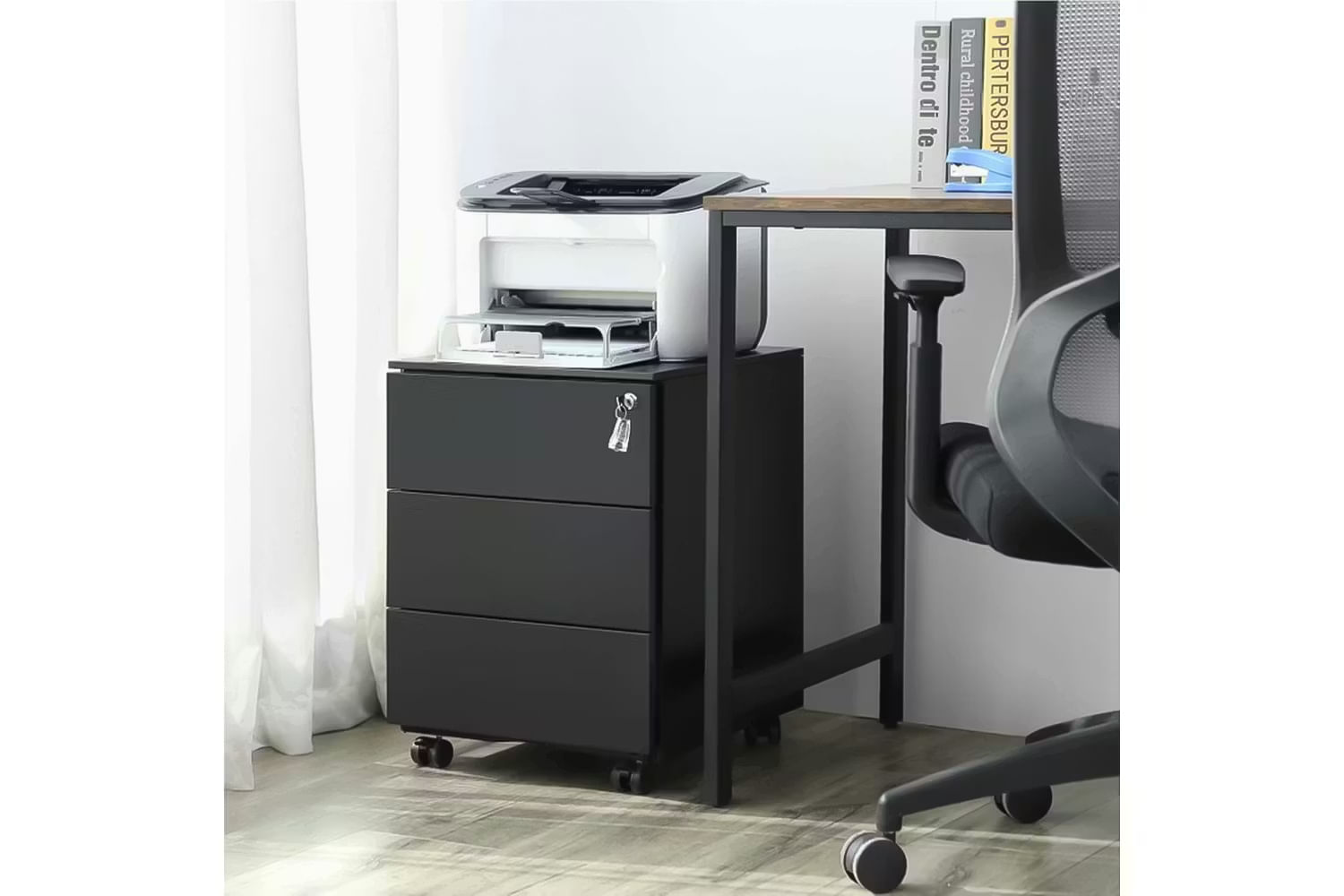 Dulap mobil rollbox pentru birouri, 3 sertare pentru documente, corp pre-asamblat, 45x39x54 cm, negru — imaginea 5