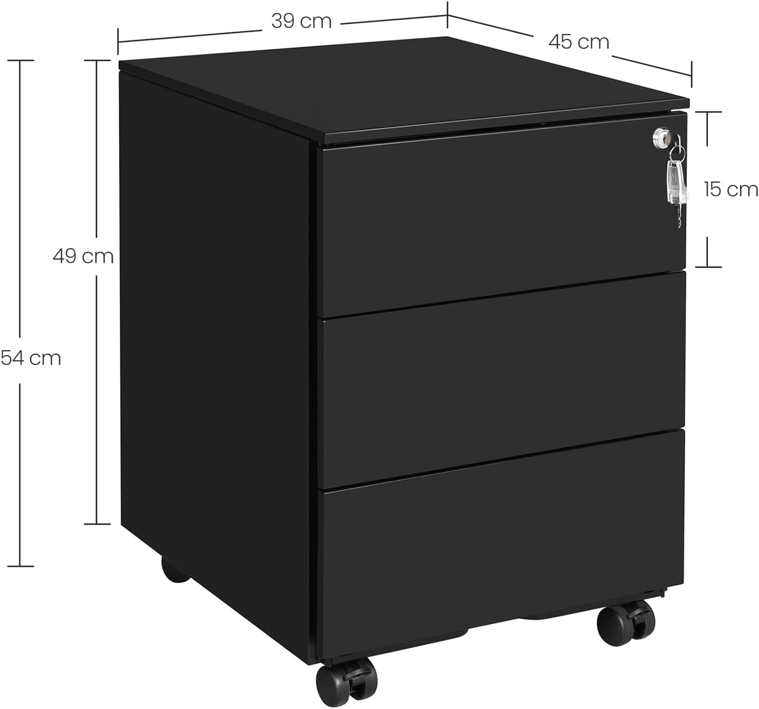 Dulap mobil rollbox pentru birouri, 3 sertare pentru documente, corp pre-asamblat, 45x39x54 cm, negru — imaginea 6