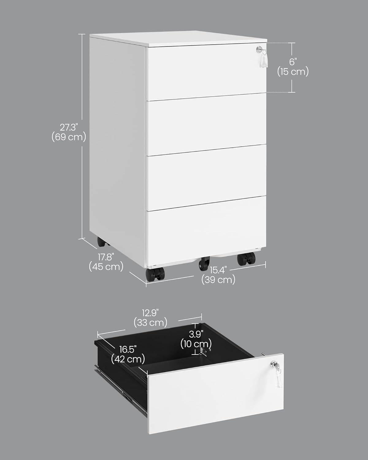 Dulap mobil rollbox pentru dosare, din otel, 4 sertare, incuietoare, roti blocabile, 39x45x69 cm, alb