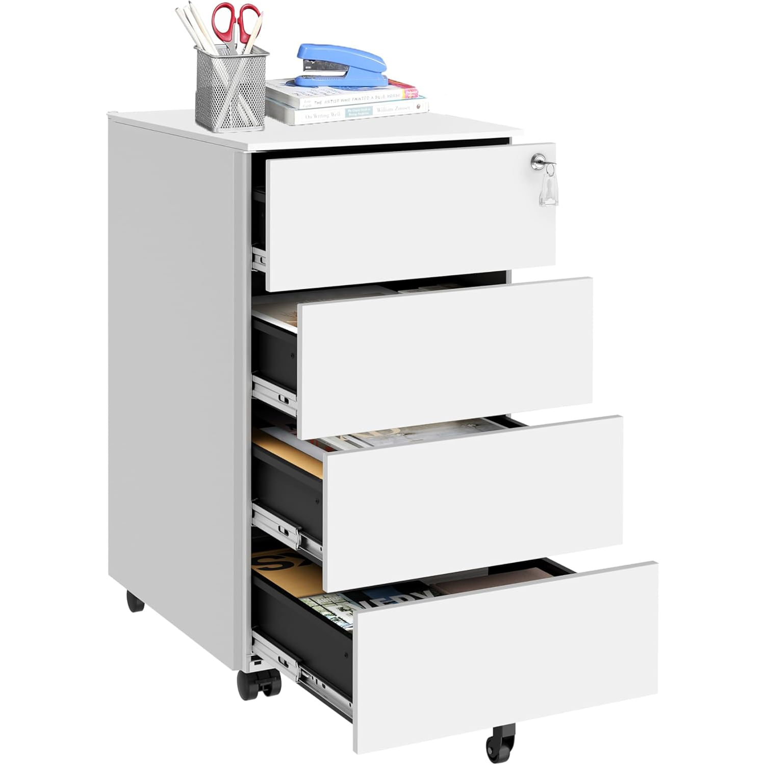 Dulap mobil rollbox pentru dosare, din otel, 4 sertare, incuietoare, roti blocabile, 39x45x69 cm, alb — imaginea 3