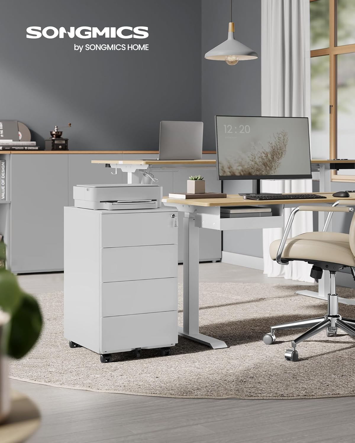 Dulap mobil rollbox pentru dosare, din otel, 4 sertare, incuietoare, roti blocabile, 39x45x69 cm, alb — imaginea 5