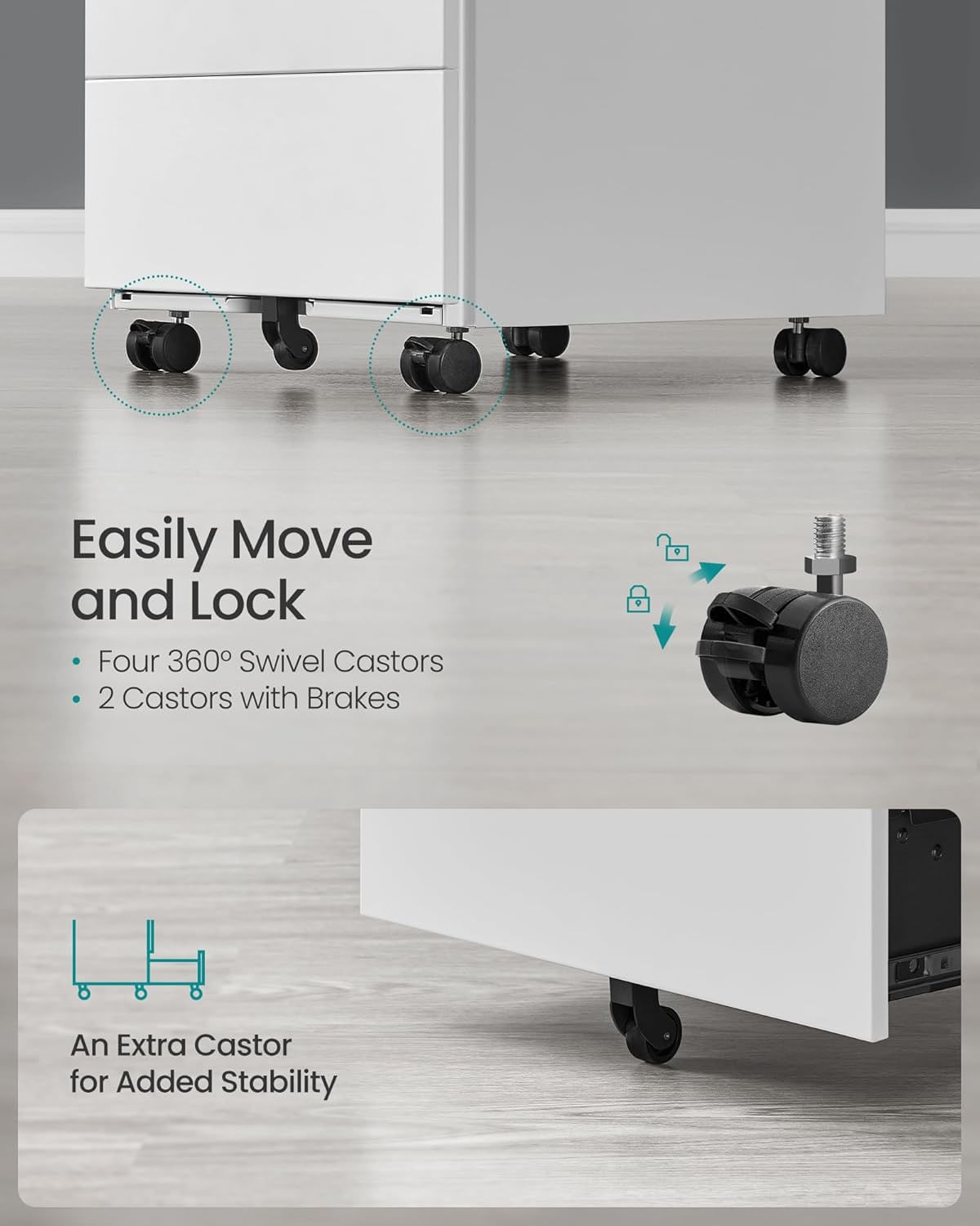 Dulap mobil rollbox pentru dosare, din otel, 4 sertare, incuietoare, roti blocabile, 39x45x69 cm, alb — imaginea 6
