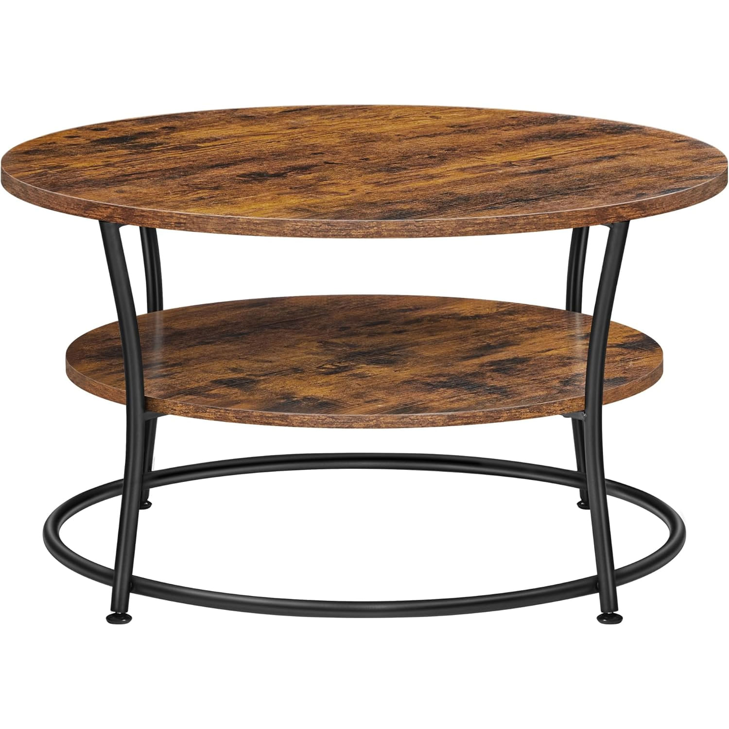 Masuta de cafea rotunda cu raft, cadru metalic, stil industrial, 80x45 cm, maro rustic — imaginea 3