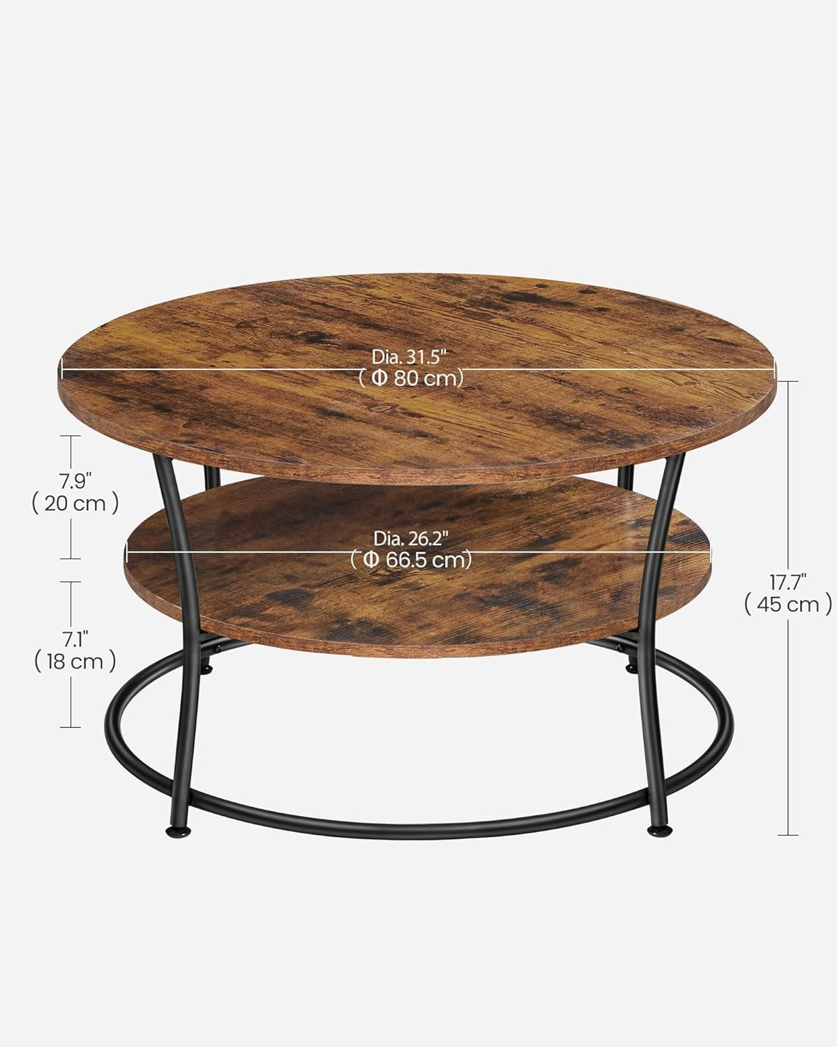 Masuta de cafea rotunda cu raft, cadru metalic, stil industrial, 80x45 cm, maro rustic — imaginea 5