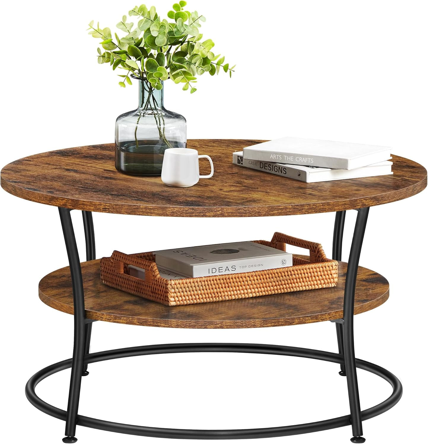 Masuta de cafea rotunda cu raft, cadru metalic, stil industrial, 80x45 cm, maro rustic — imaginea 8