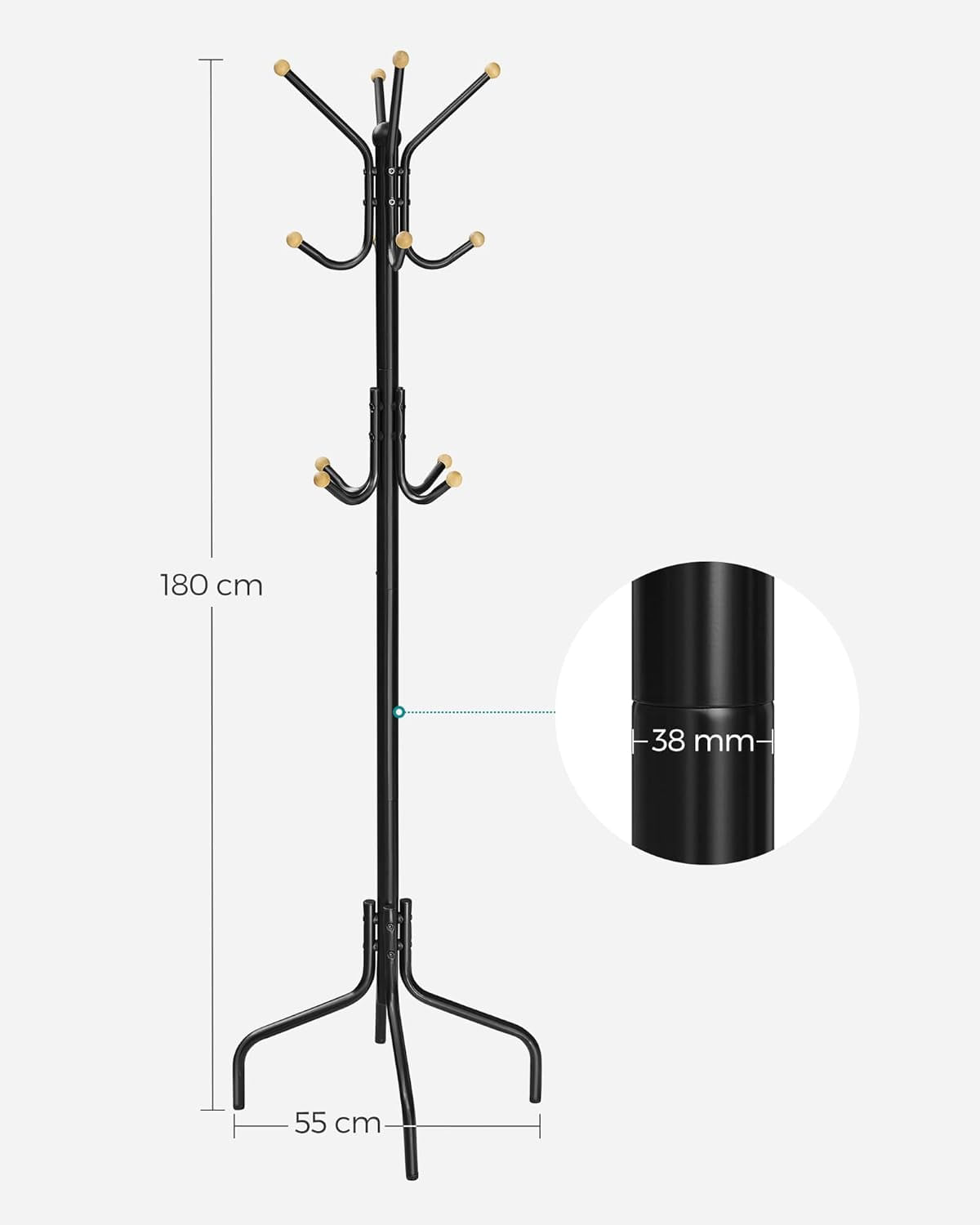 Cuier metalic cu 12 agatatori, suport haine tip pom, 55x55x180 cm, negru — imaginea 2