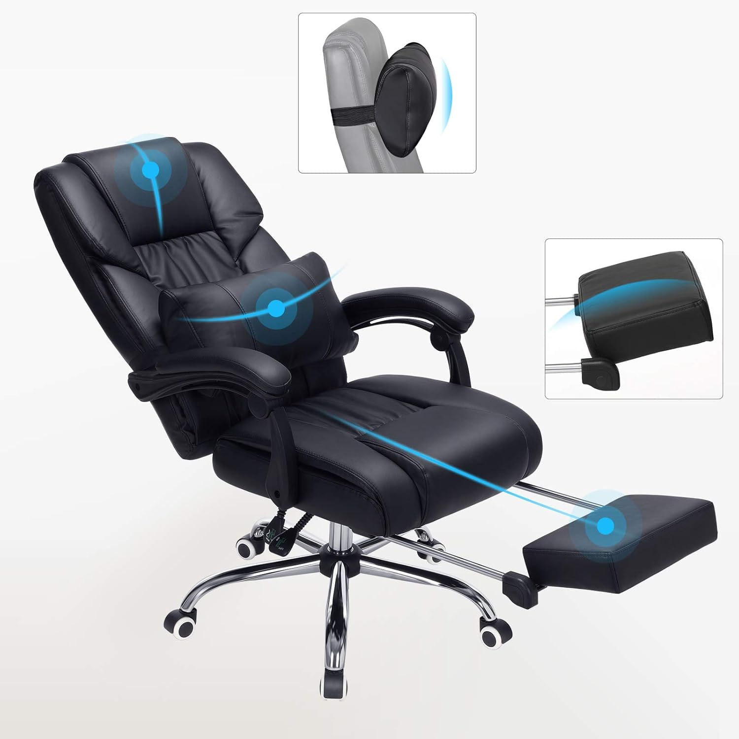 Scaun birou ergonomic, cu suport picioare retractabil, spatar reglabil 135A°, maxim 150 kg, 70x70x125 cm, negru — imaginea 2