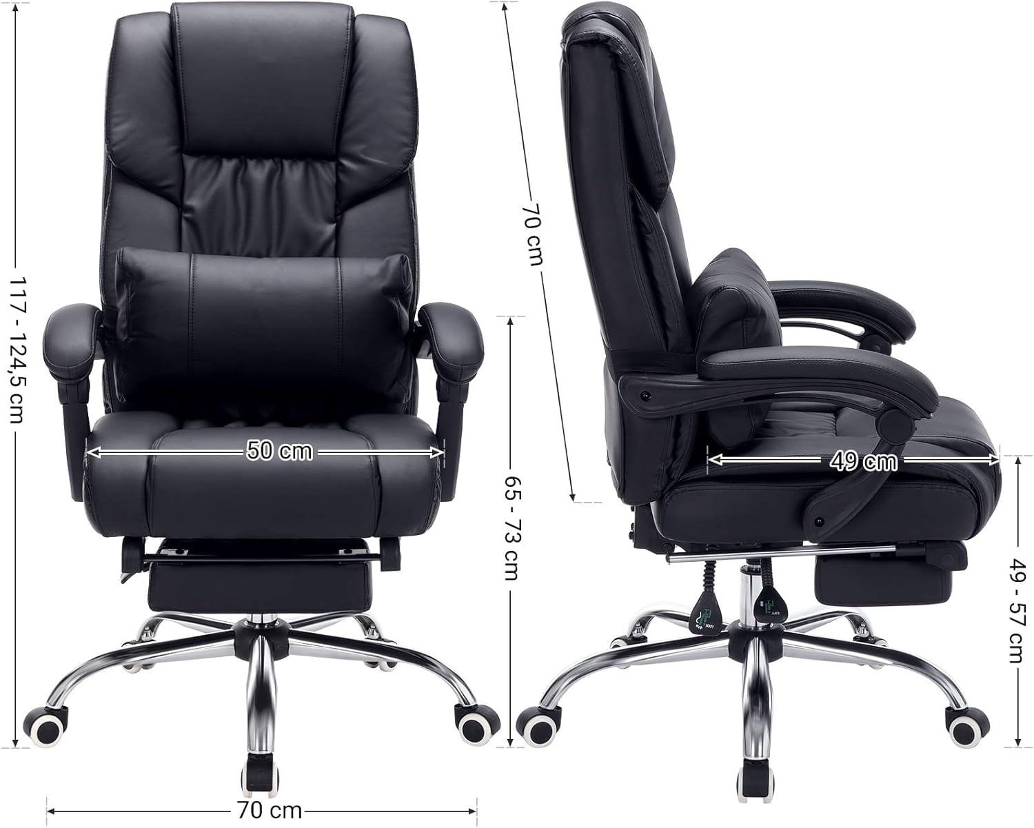 Scaun birou ergonomic, cu suport picioare retractabil, spatar reglabil 135A°, maxim 150 kg, 70x70x125 cm, negru — imaginea 6