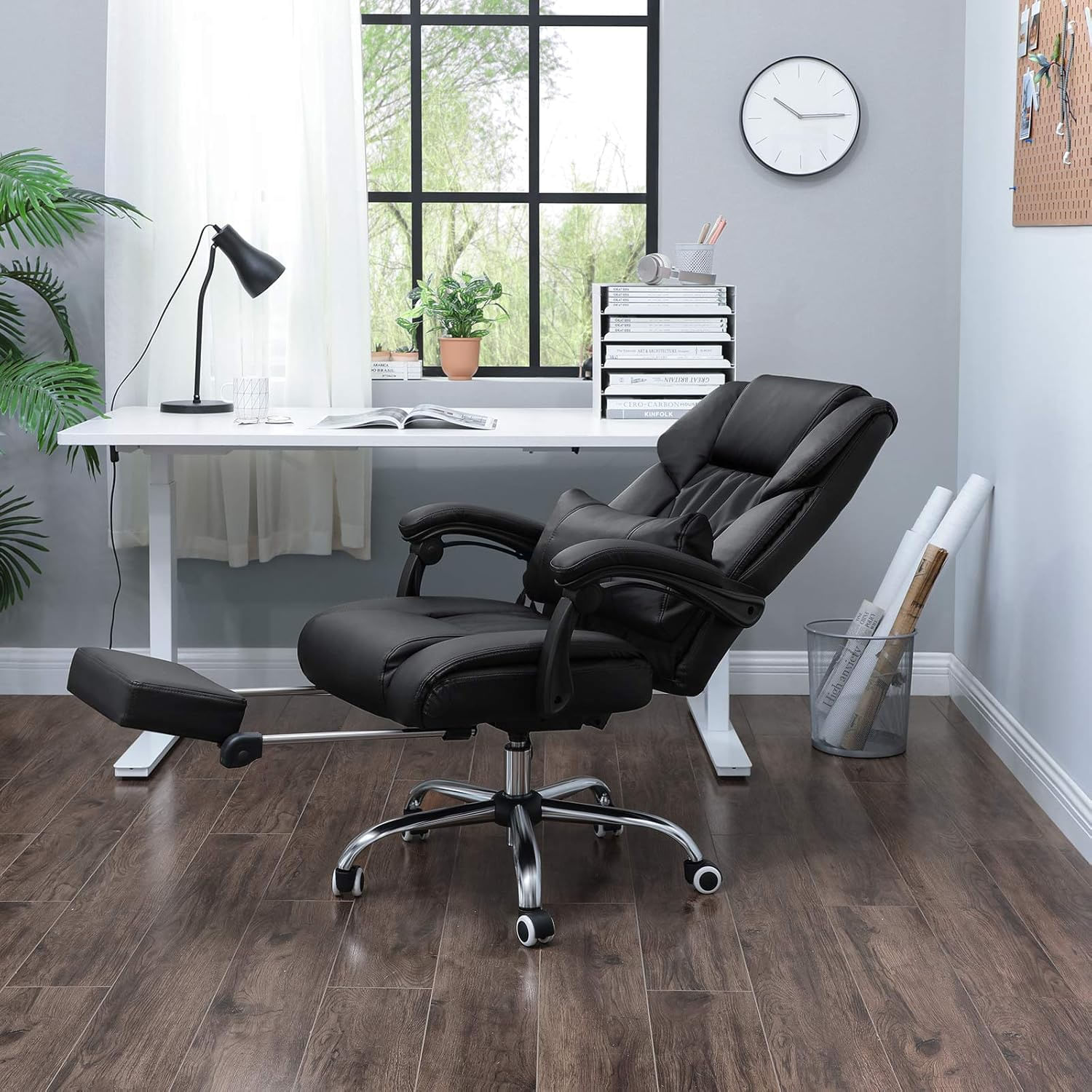 Scaun birou ergonomic, cu suport picioare retractabil, spatar reglabil 135A°, maxim 150 kg, 70x70x125 cm, negru — imaginea 7