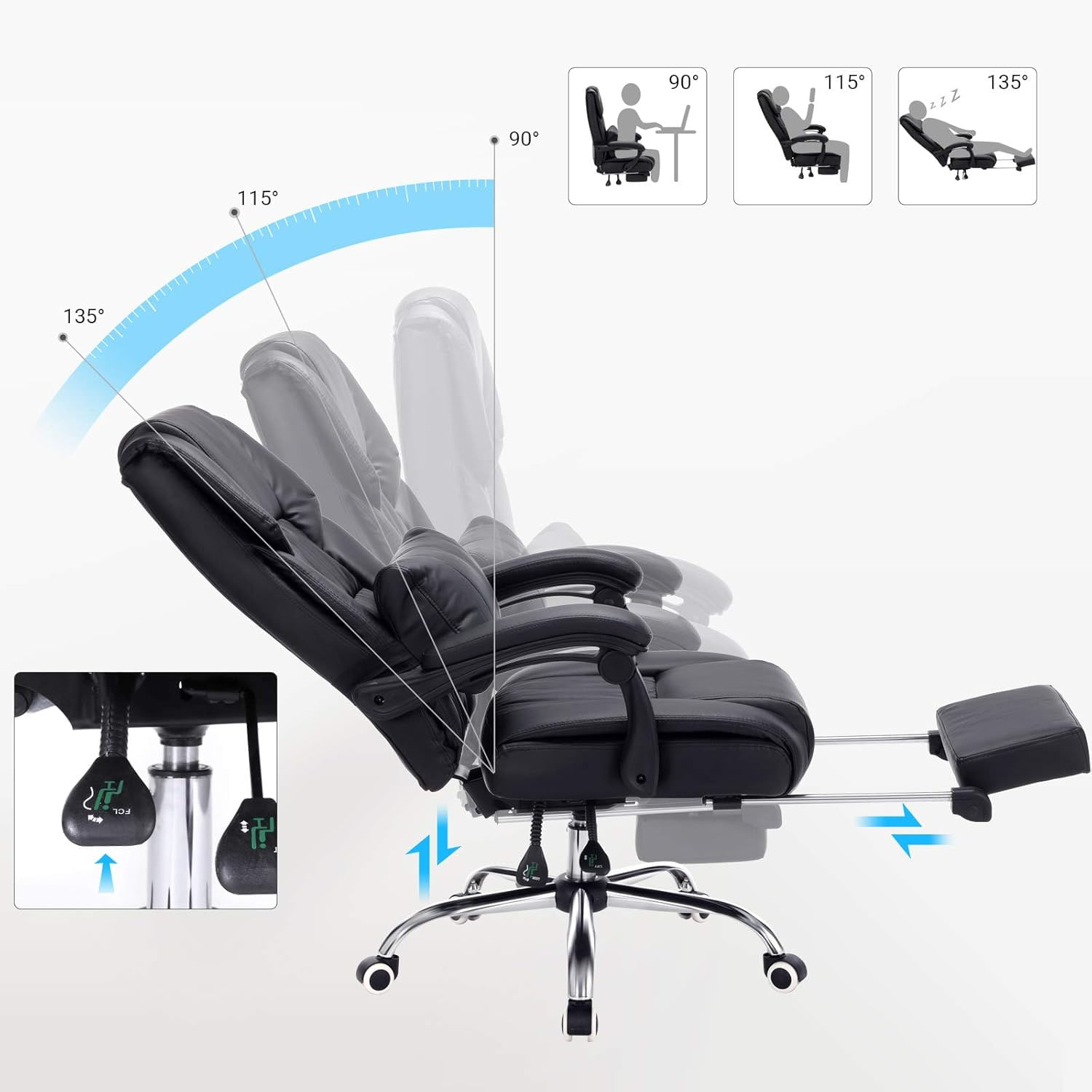 Scaun birou ergonomic, cu suport picioare retractabil, spatar reglabil 135A°, maxim 150 kg, 70x70x125 cm, negru — imaginea 8