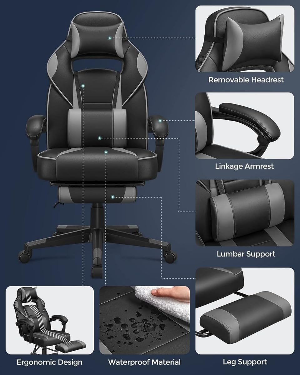 Scaun gaming ergonomic, cu spatar inalt, suport pentru picioare, maxim 150 kg , 50x70x126 cm, negru si gri — imaginea 2