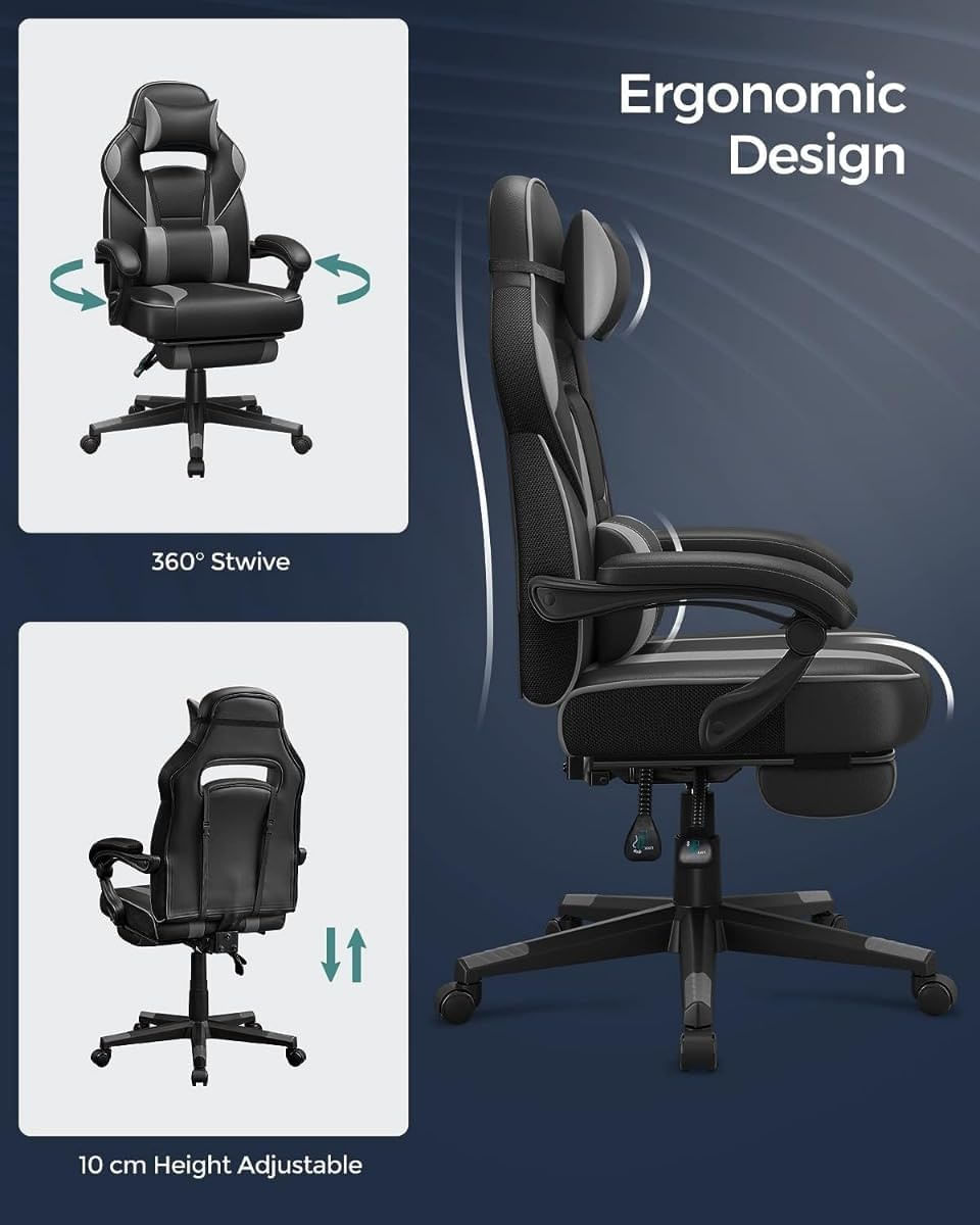 Scaun gaming ergonomic, cu spatar inalt, suport pentru picioare, maxim 150 kg , 50x70x126 cm, negru si gri — imaginea 4