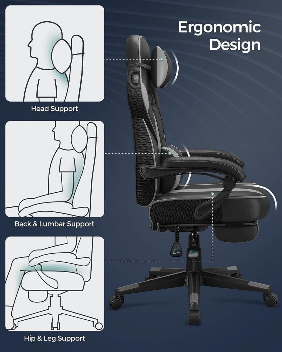 Scaun gaming ergonomic, cu spatar inalt, suport pentru picioare, maxim 150 kg , 50x70x126 cm, negru si gri — imaginea 6