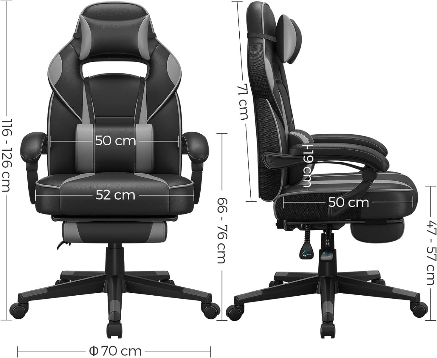 Scaun gaming ergonomic, cu spatar inalt, suport pentru picioare, maxim 150 kg , 50x70x126 cm, negru si gri — imaginea 7