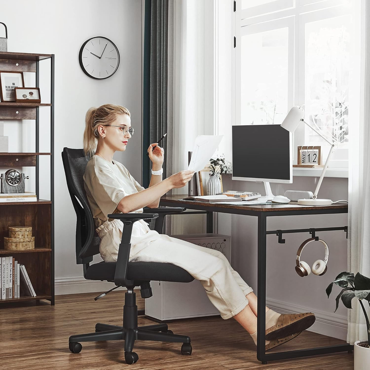 Scaun de birou ergonomic mesh, reglabil complet, brate si suport lombar ajustabile, 68x67x113 cm, negru — imaginea 7