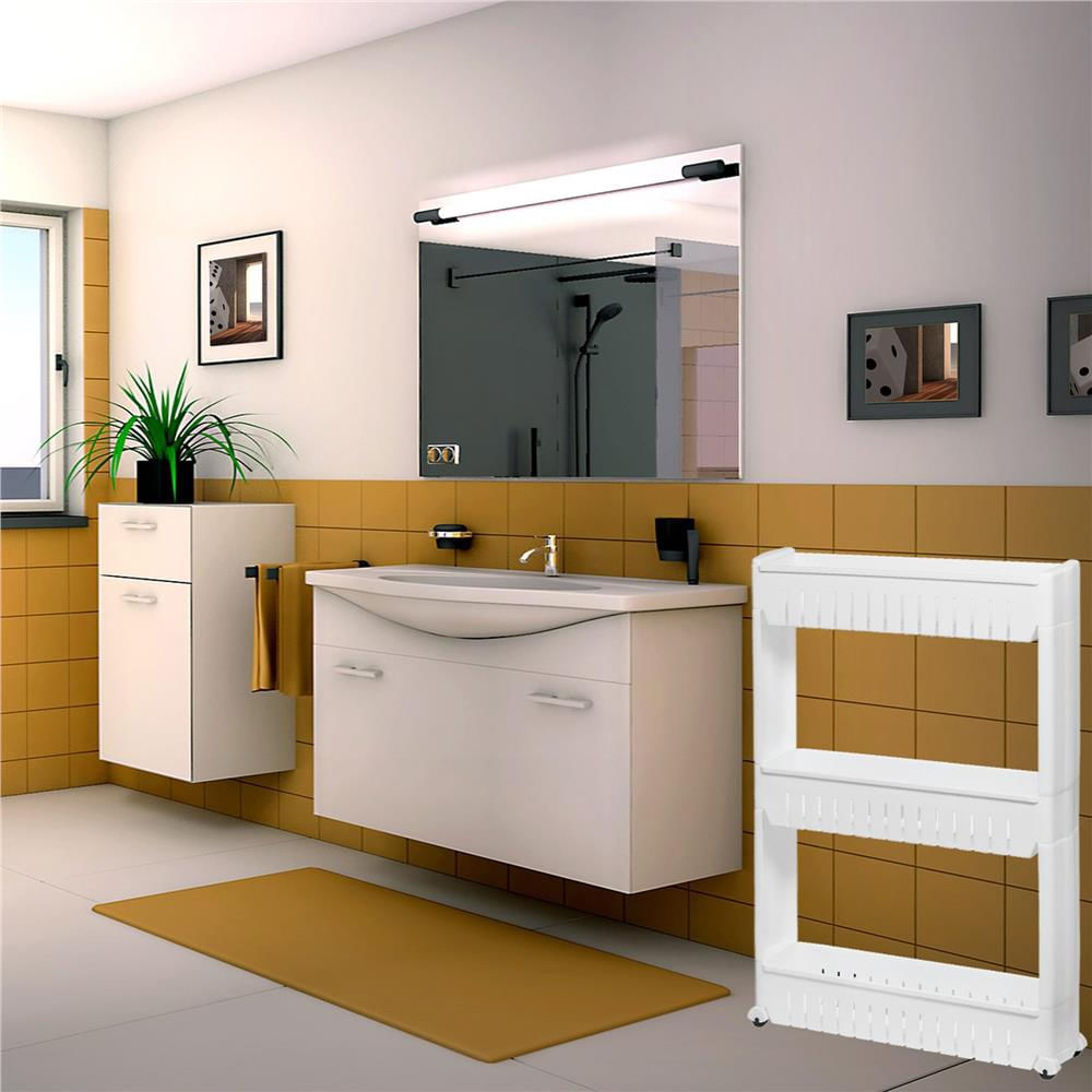 Sistem rafturi de depozitare Sersimo HA110 cu roti pentru bucatarie sau baie cu 3 polite, alb — imaginea 6
