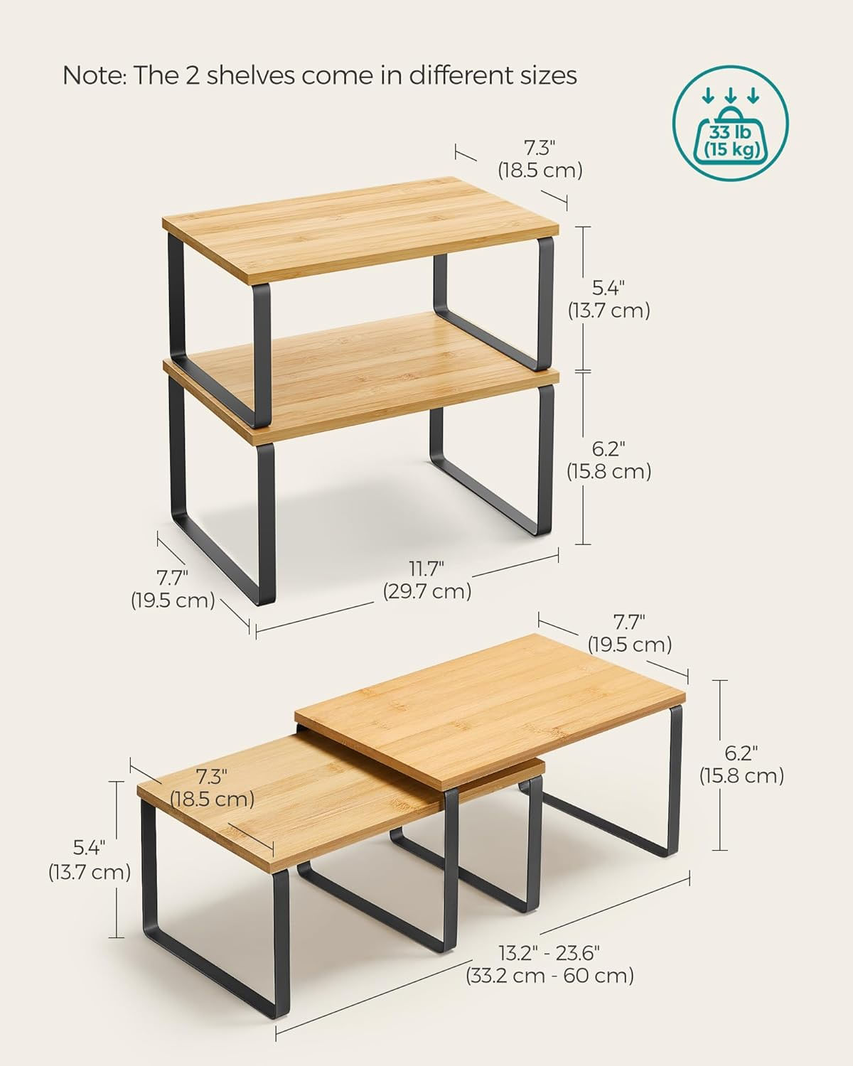 Set 4 organizatoare bucatarie suprapozabile modulare, PAL si metal, max 15 kg/buc, 30x20x16 cm, natur si negru — imaginea 4