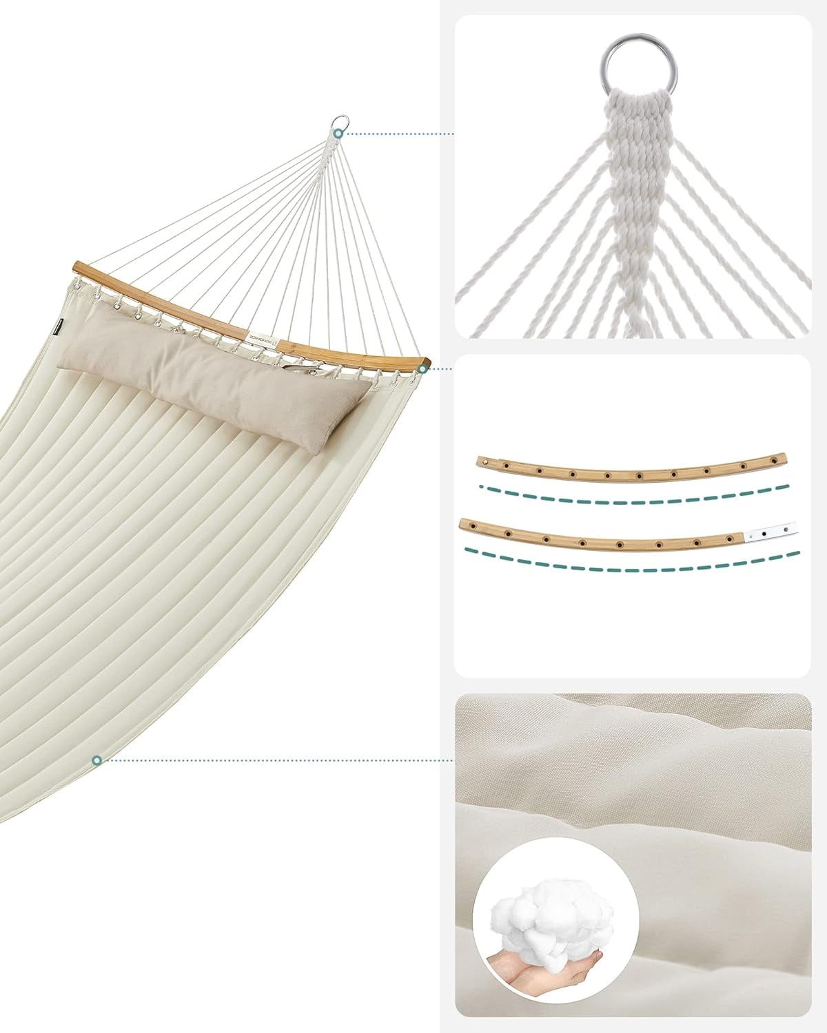 Hamac dublu cu bare curbate din bambus, perna inclusa, maxim 225 kg, 200x140 cm, crem