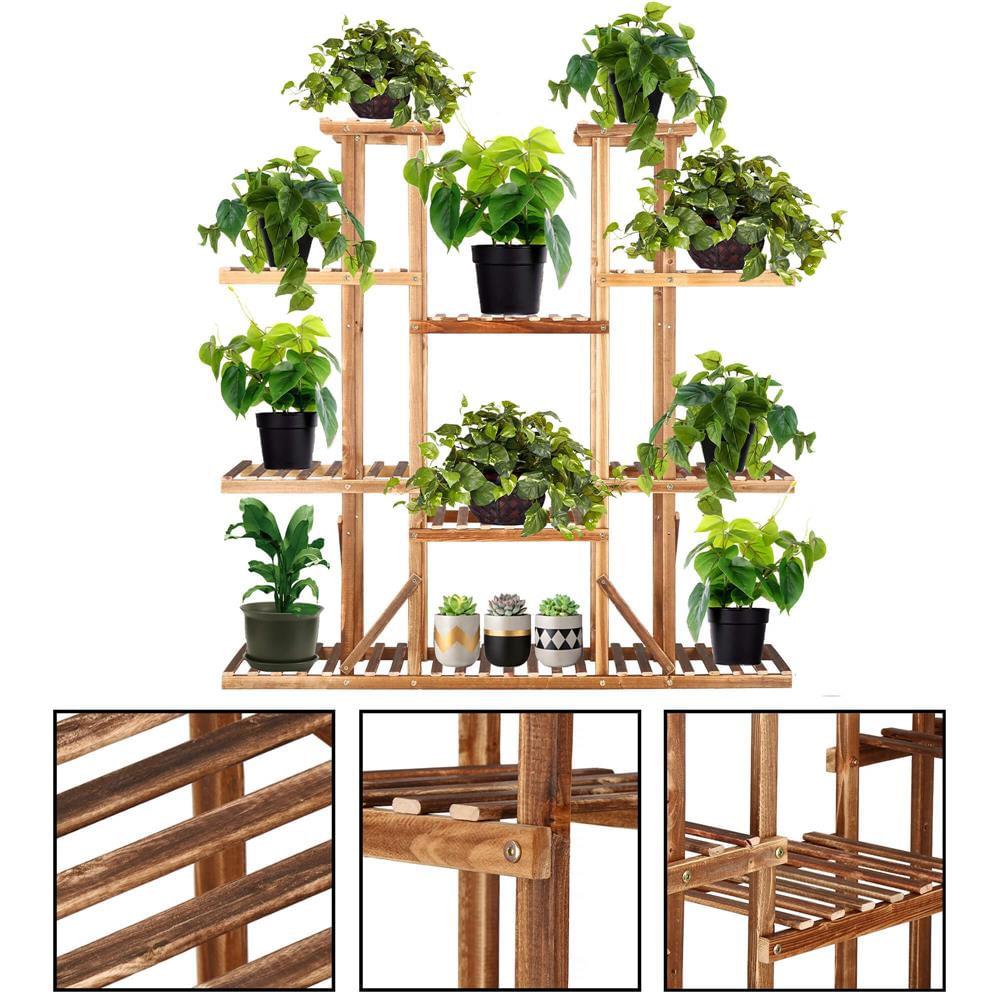 Stand flori din lemn 6 niveluri 15 locuri ghivece, efect antichizat, margini rotunjite, 119x120x25 cm, maro — imaginea 2