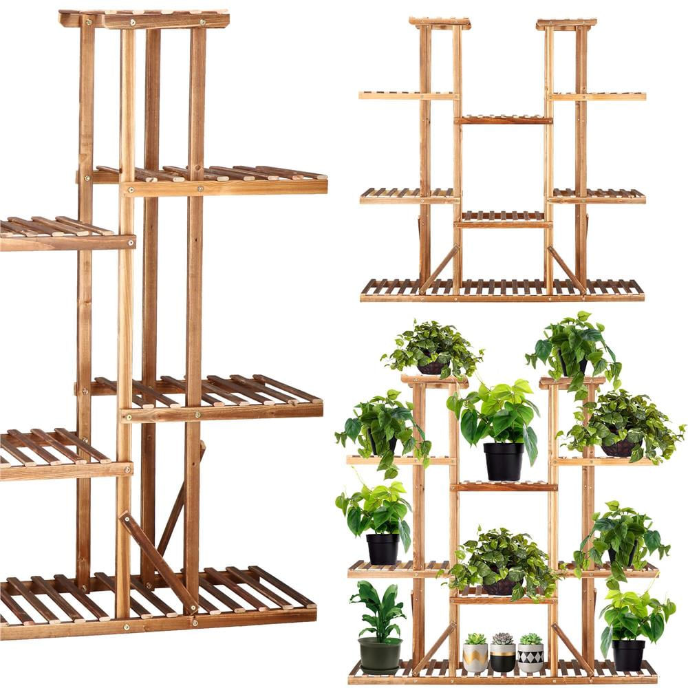 Stand flori din lemn 6 niveluri 15 locuri ghivece, efect antichizat, margini rotunjite, 119x120x25 cm, maro — imaginea 14