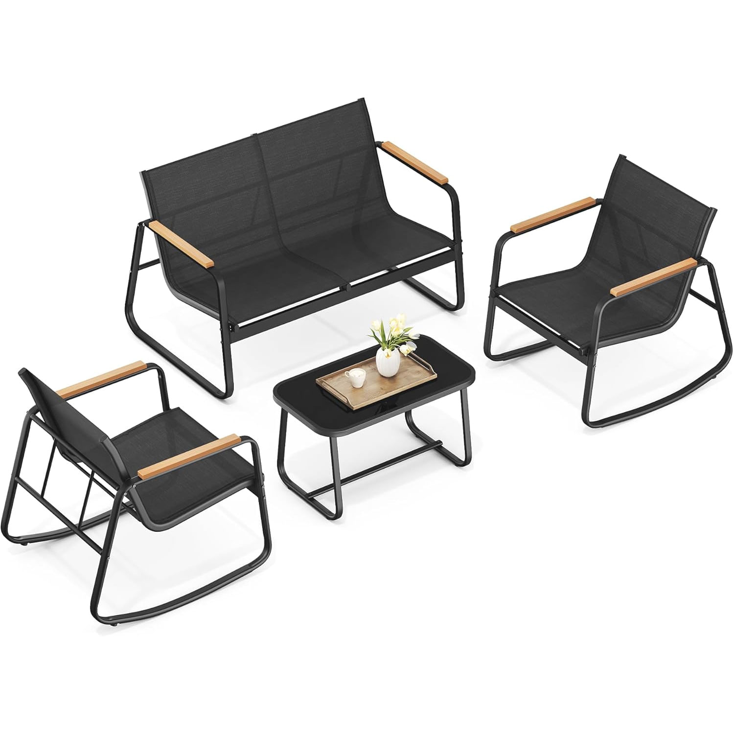 Set mobilier gradina 4 locuri, 2 scaune balansoar, canapea si masa, cadru metalic, negru