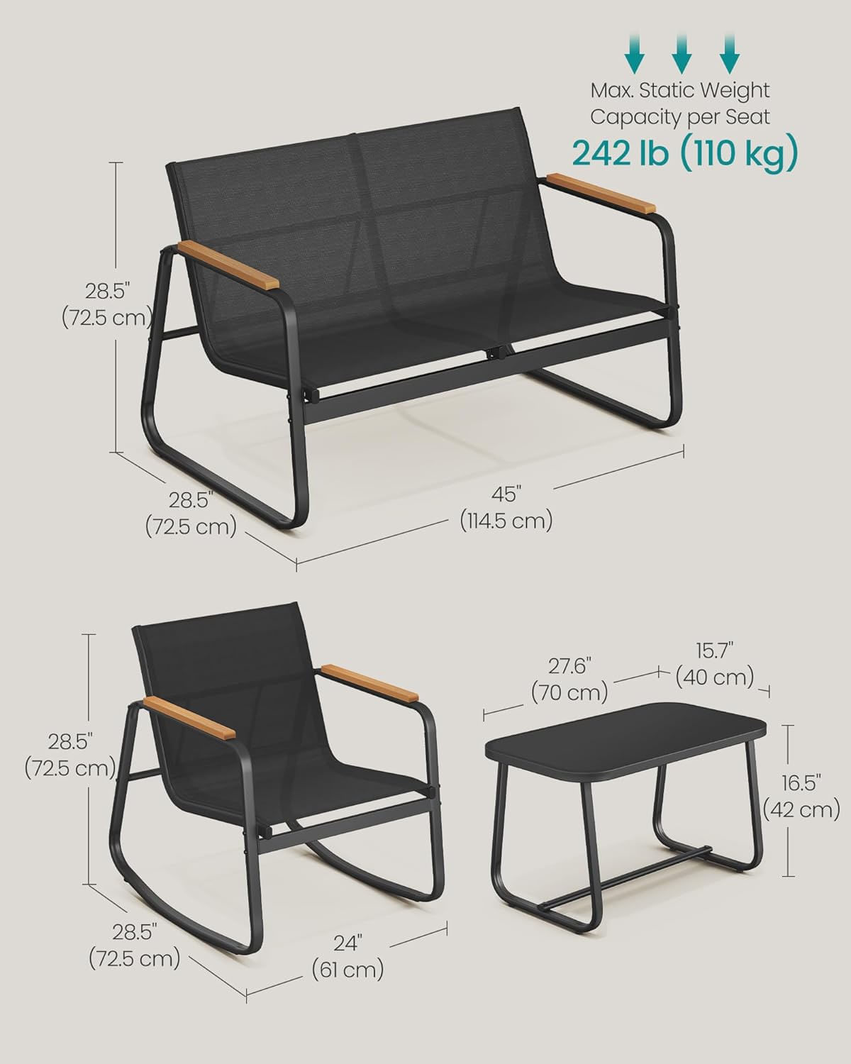 Set mobilier gradina 4 locuri, 2 scaune balansoar, canapea si masa, cadru metalic, negru — imaginea 3