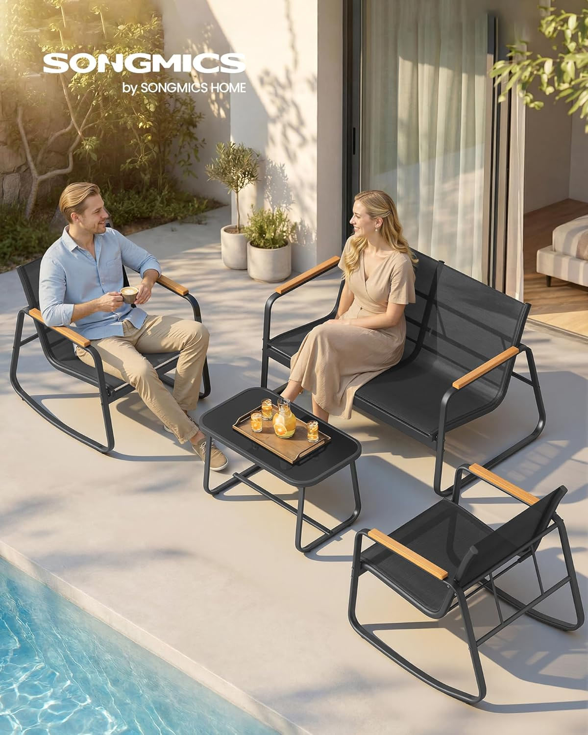 Set mobilier gradina 4 locuri, 2 scaune balansoar, canapea si masa, cadru metalic, negru — imaginea 4