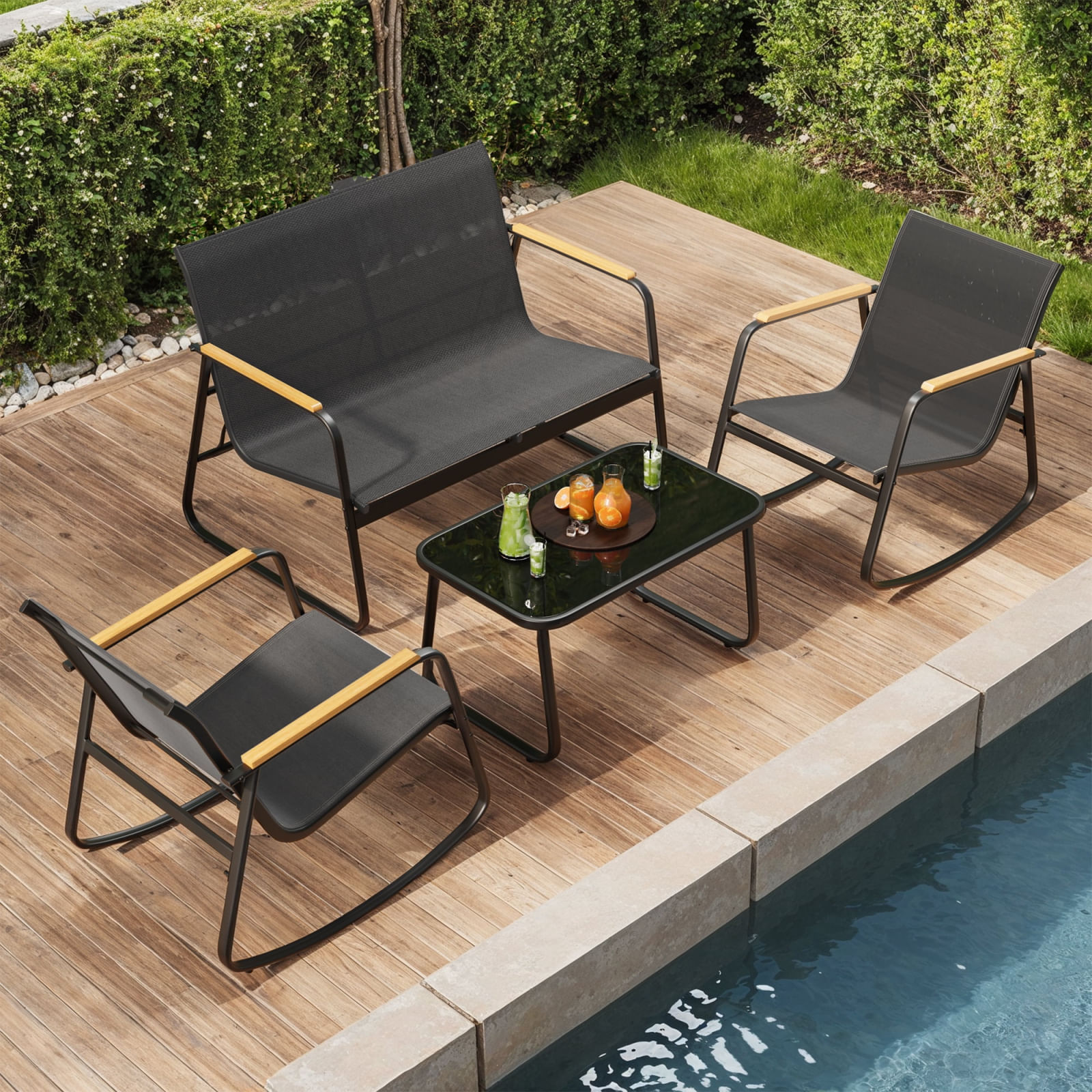 Set mobilier gradina 4 locuri, 2 scaune balansoar, canapea si masa, cadru metalic, negru — imaginea 5