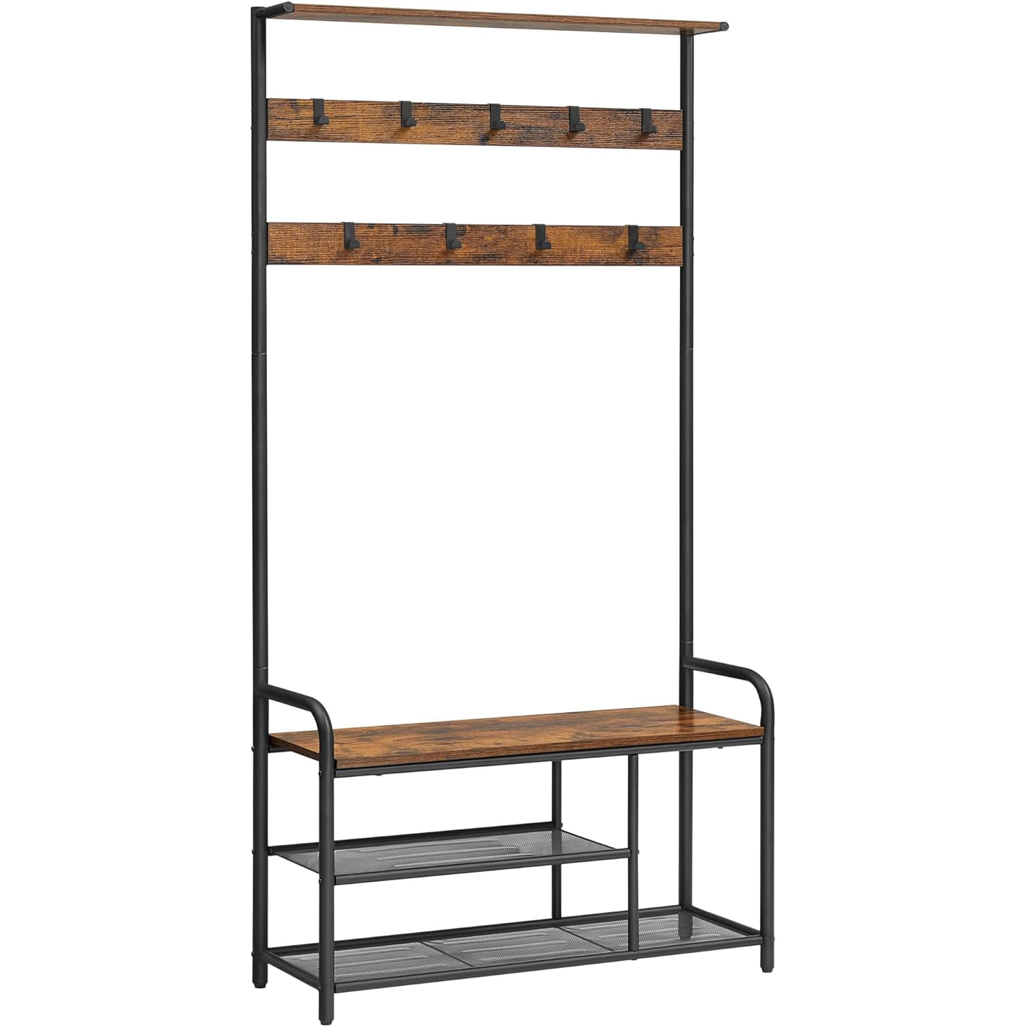 Cuier pentru hol cu banca si suport pantofi, stil industrial, 84x34x183 cm, maro rustic — imaginea 2