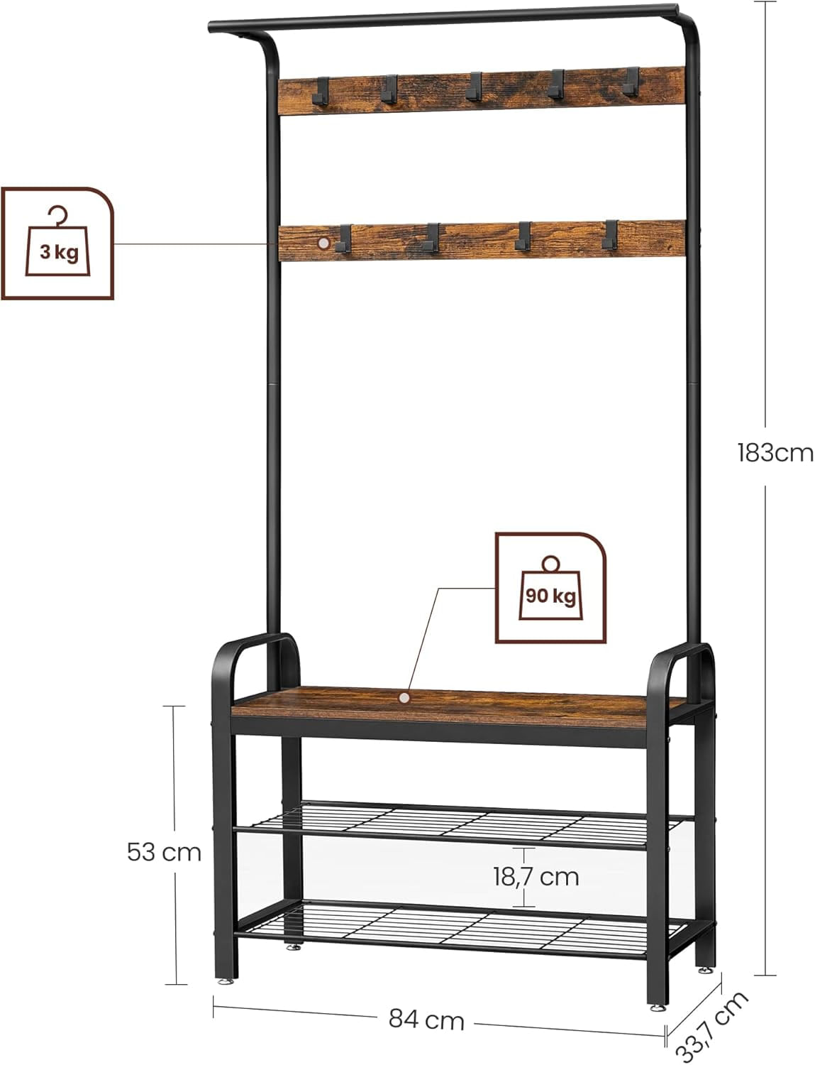 Cuier pentru hol cu banca si suport pantofi, stil industrial, 84x34x183 cm, maro rustic — imaginea 3