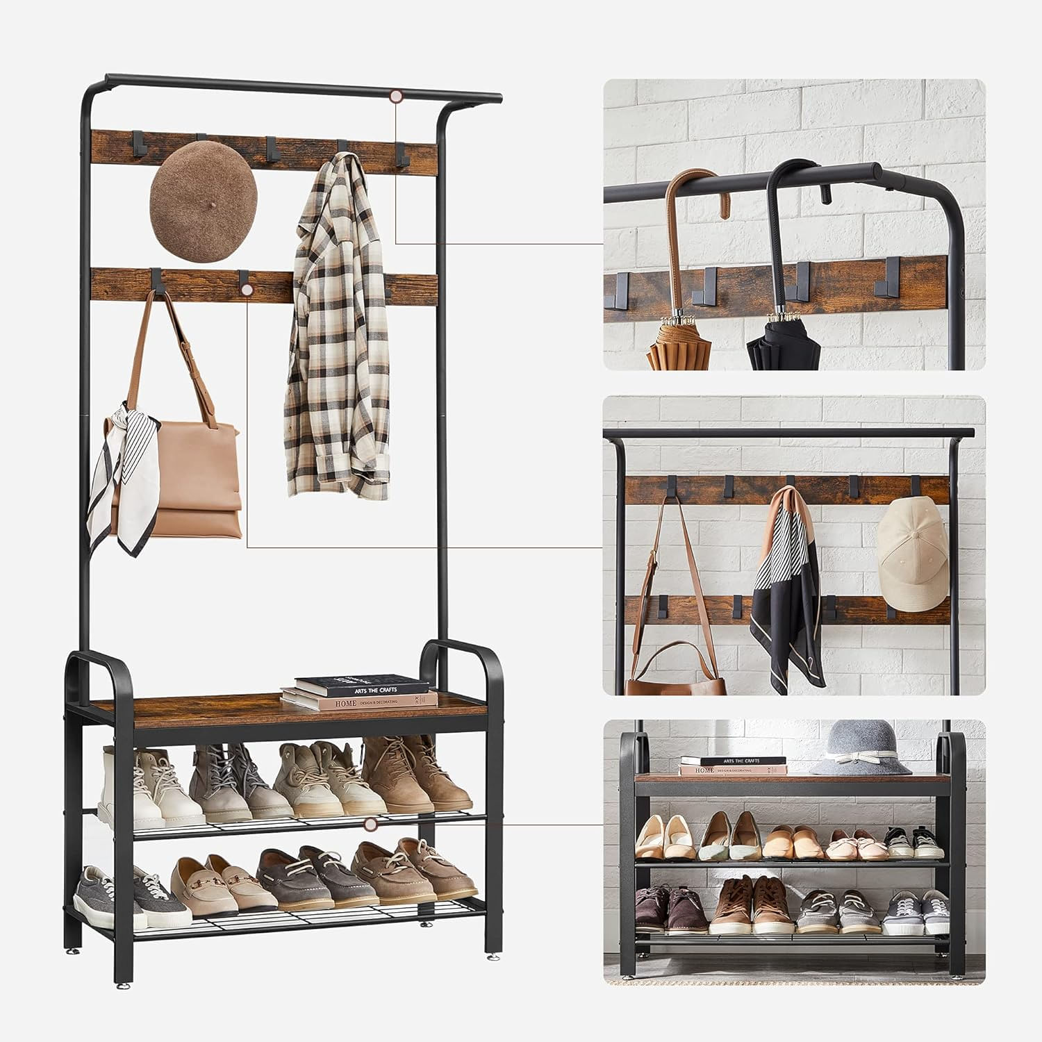 Cuier pentru hol cu banca si suport pantofi, stil industrial, 84x34x183 cm, maro rustic — imaginea 4