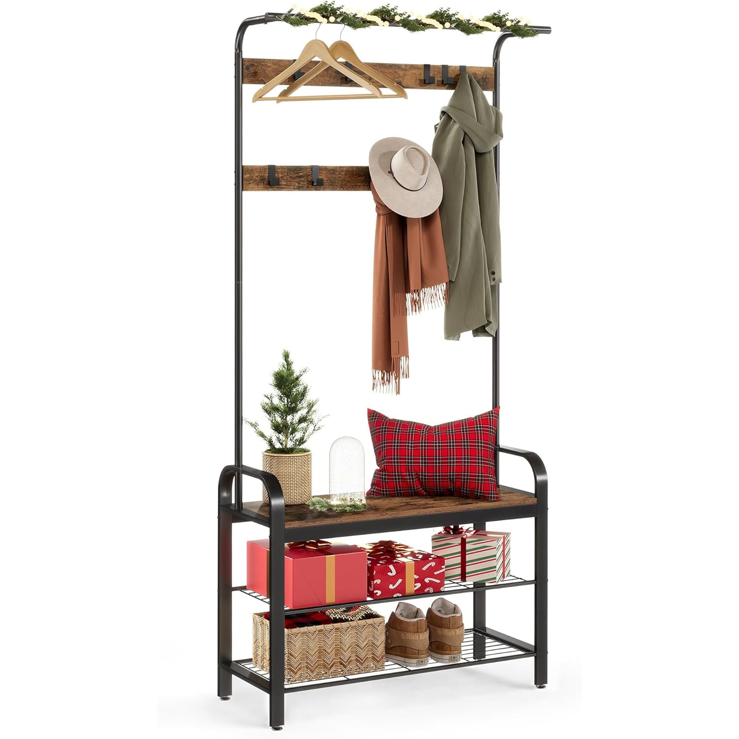 Cuier pentru hol cu banca si suport pantofi, stil industrial, 84x34x183 cm, maro rustic — imaginea 5