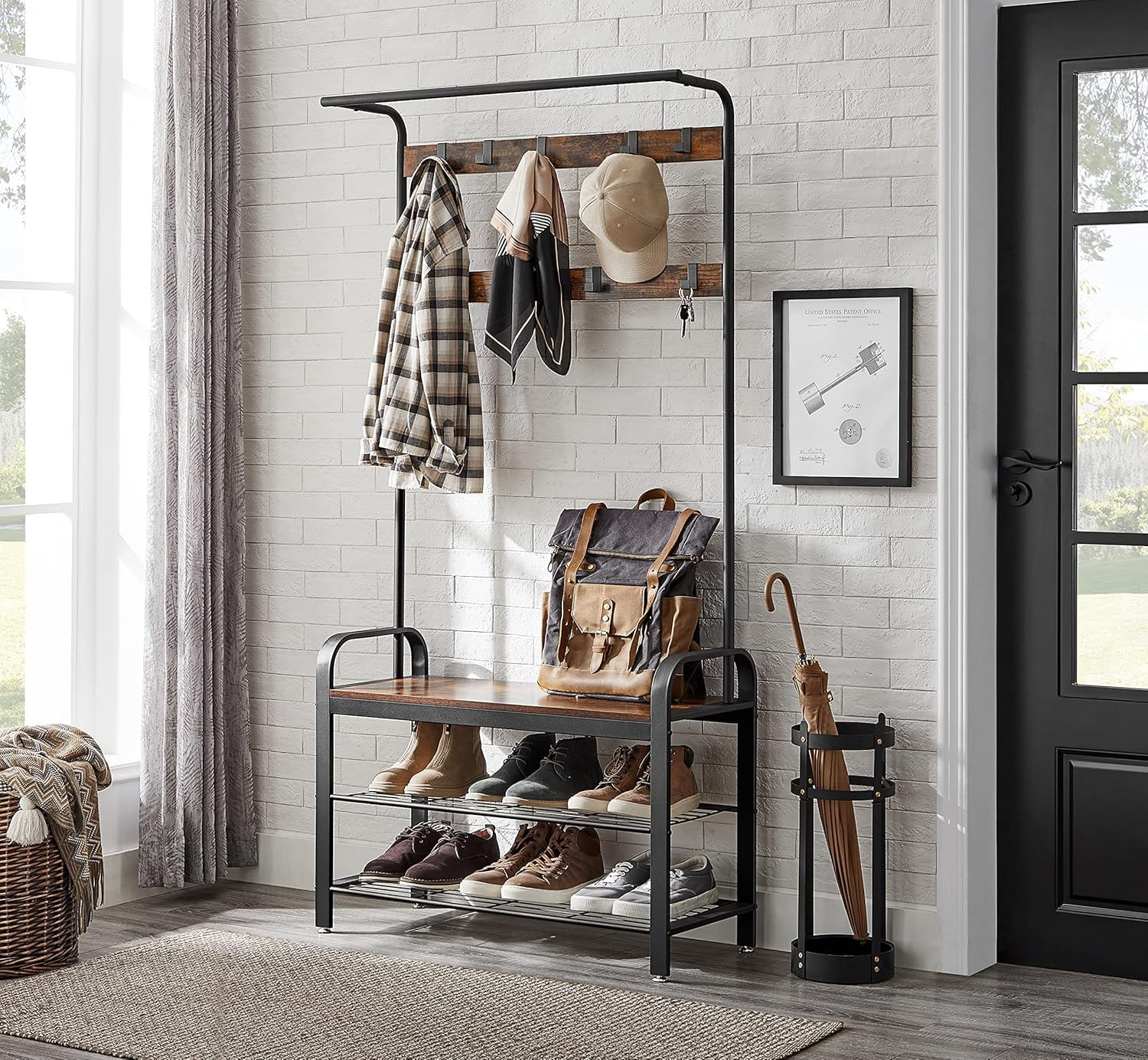 Cuier pentru hol cu banca si suport pantofi, stil industrial, 84x34x183 cm, maro rustic — imaginea 6
